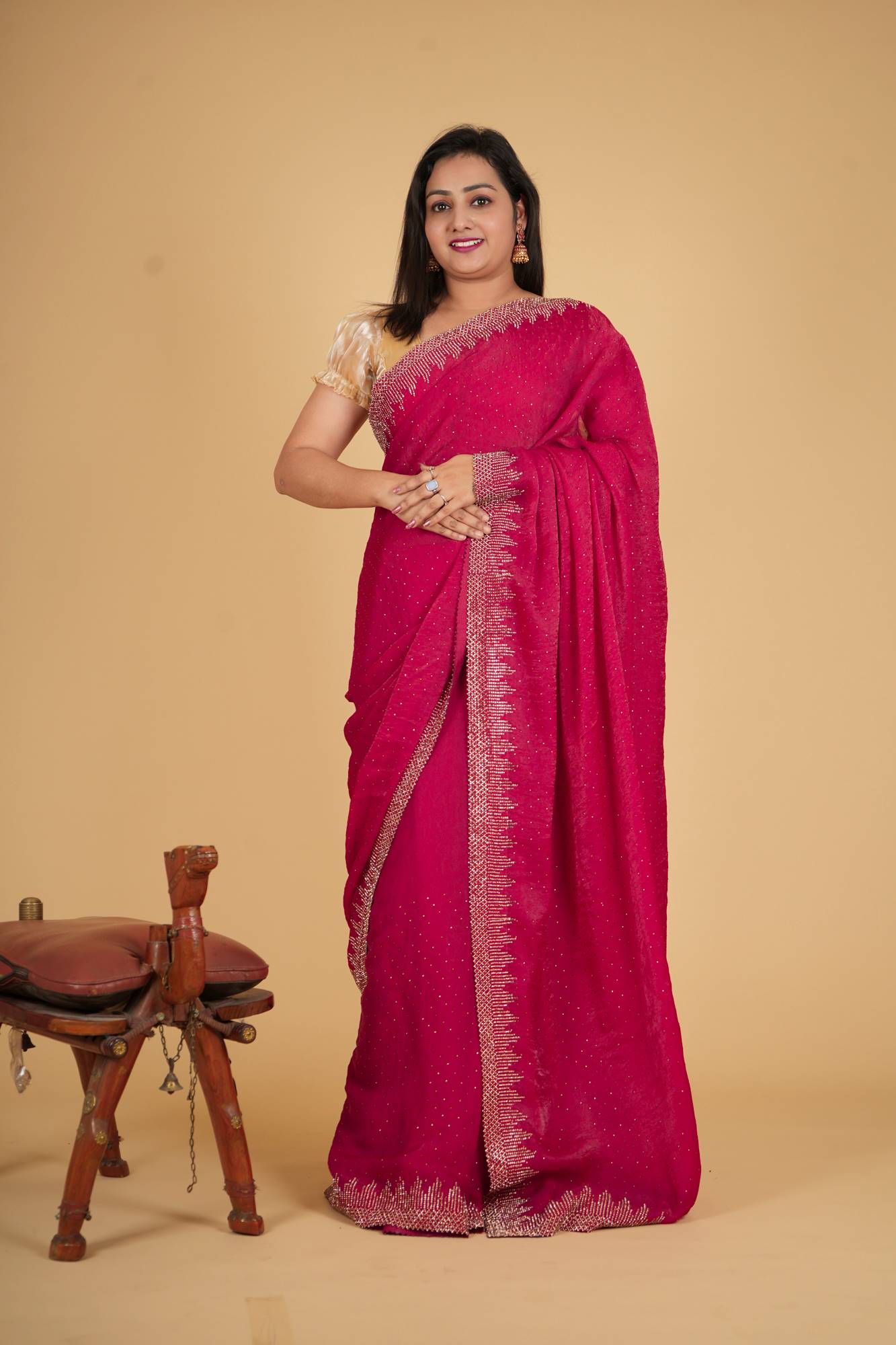 Pink Toned Soft Chiffon Silk With Stone Embellished Overall And Detail Border Pre Drape Saree