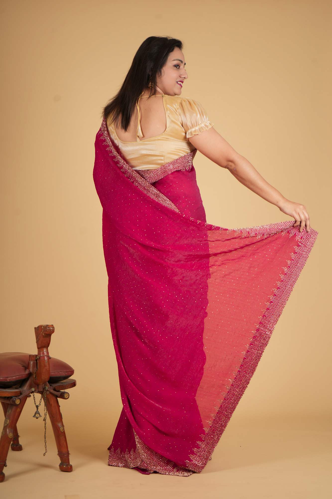 Pink Toned Soft Chiffon Silk With Stone Embellished Overall And Detail Border Pre Drape Saree