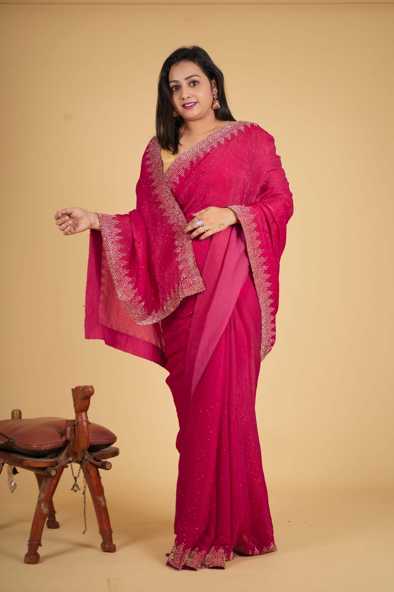 Pink Toned Soft Chiffon Silk With Stone Embellished Overall And Detail Border Pre Drape Saree