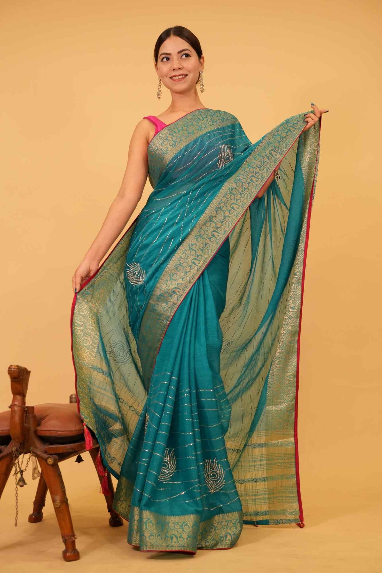 Exquisite Sea Green With Detailed Zari Embroidery & Cut Daana Work Wrap in 1 minute saree