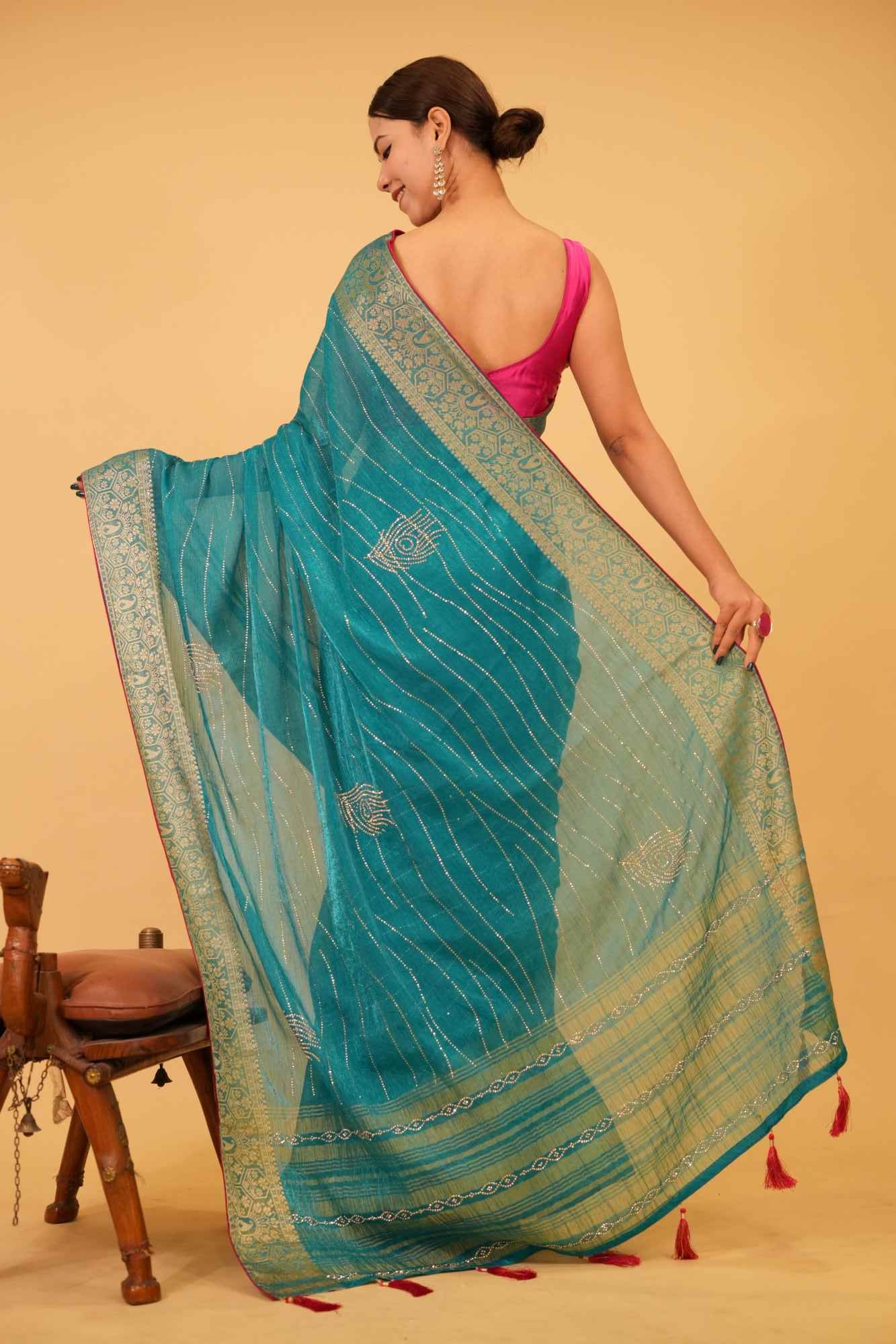 Exquisite Sea Green With Detailed Zari Embroidery & Cut Daana Work Wrap in 1 minute saree