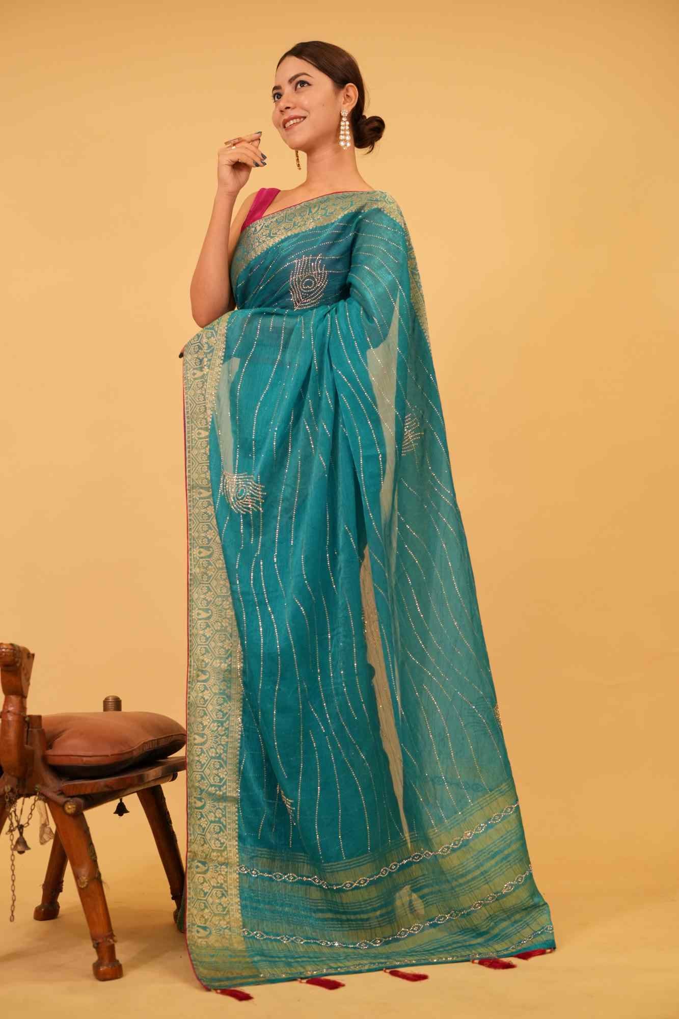 Exquisite Sea Green With Detailed Zari Embroidery & Cut Daana Work Wrap in 1 minute saree