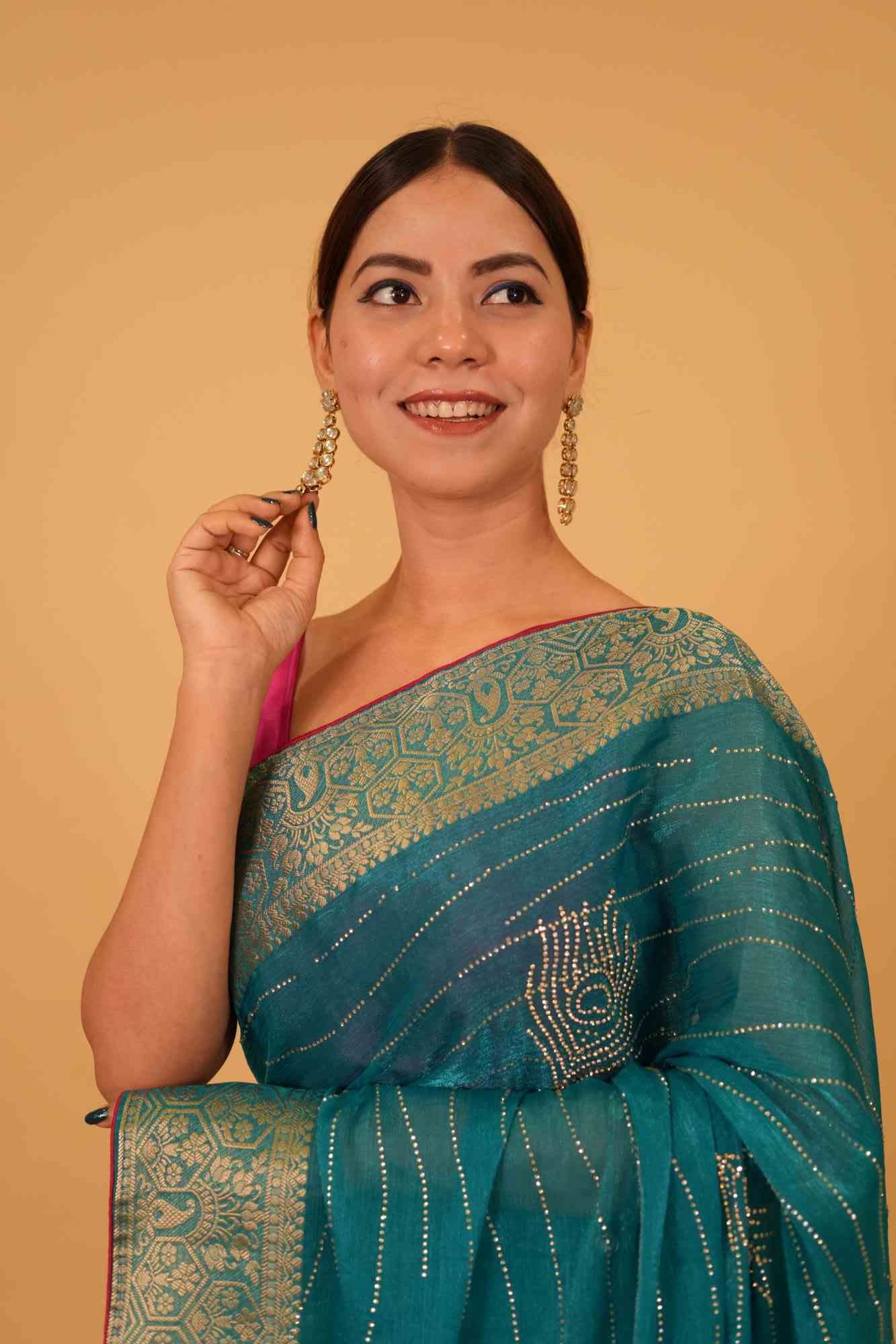 Exquisite Sea Green With Detailed Zari Embroidery & Cut Daana Work Wrap in 1 minute saree