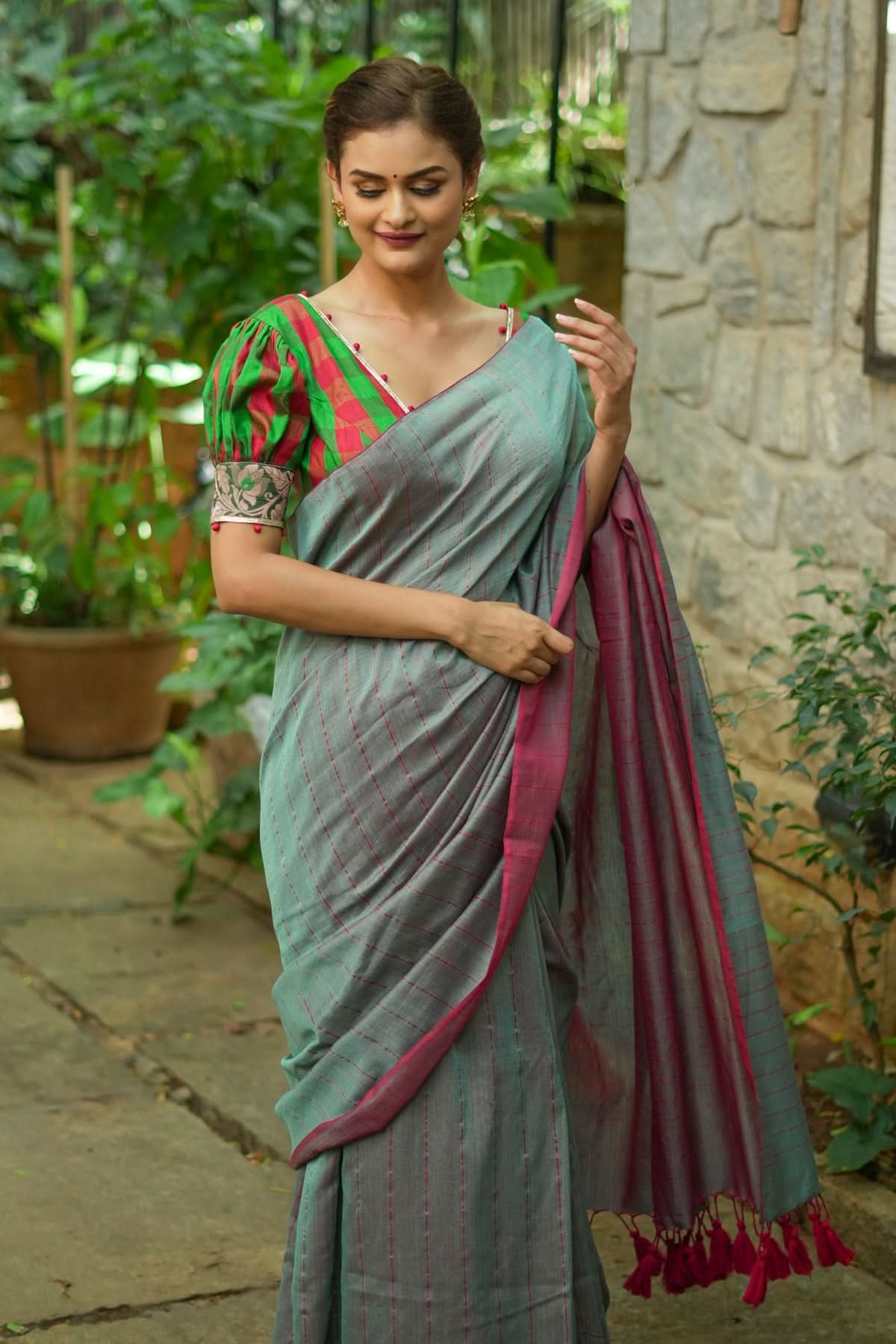 Reversible  Maheshwari Mercerised Cotton Saree with extralong tassels, no blouse piece | Shobitam