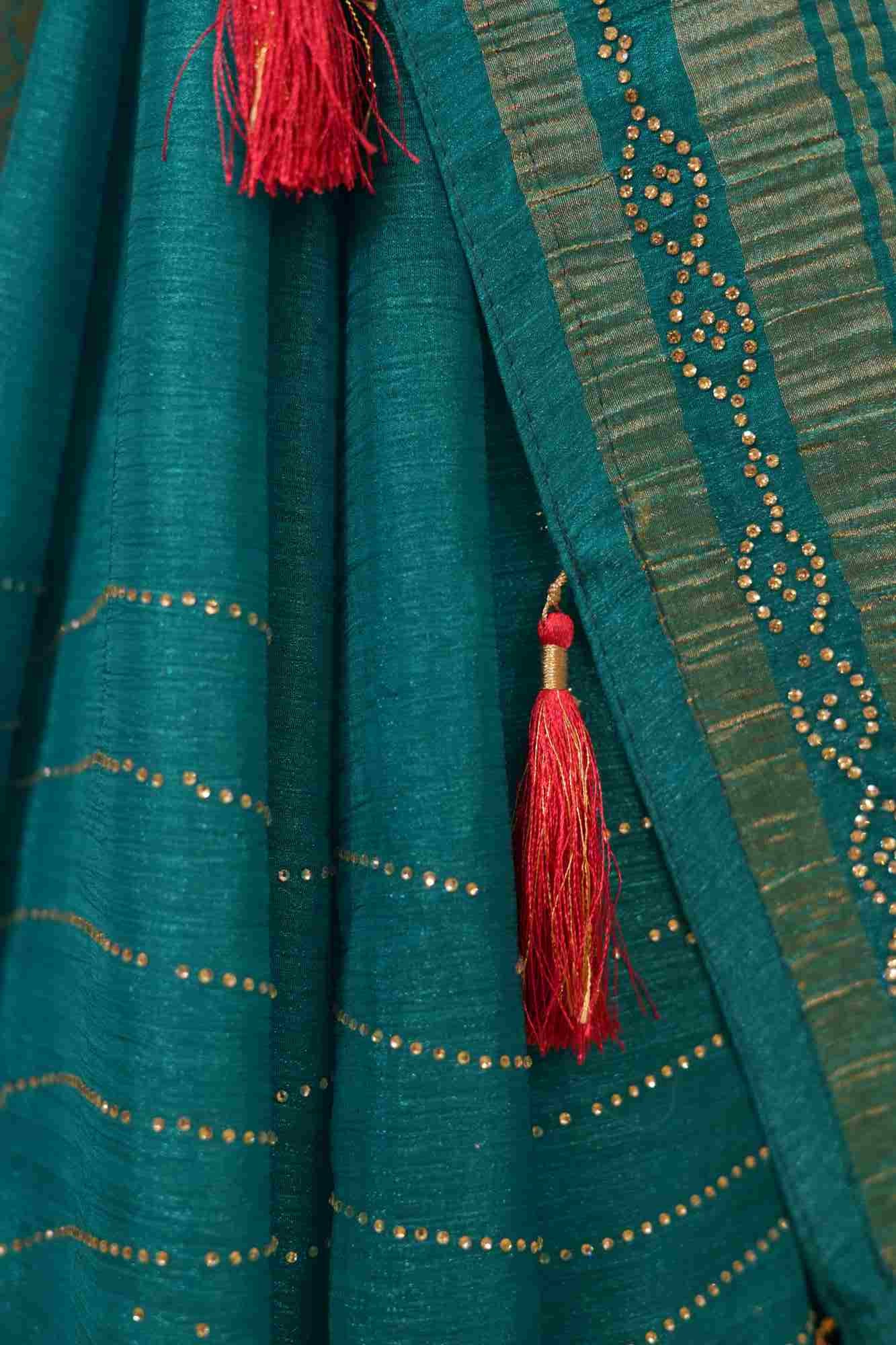 Exquisite Sea Green With Detailed Zari Embroidery & Cut Daana Work Wrap in 1 minute saree