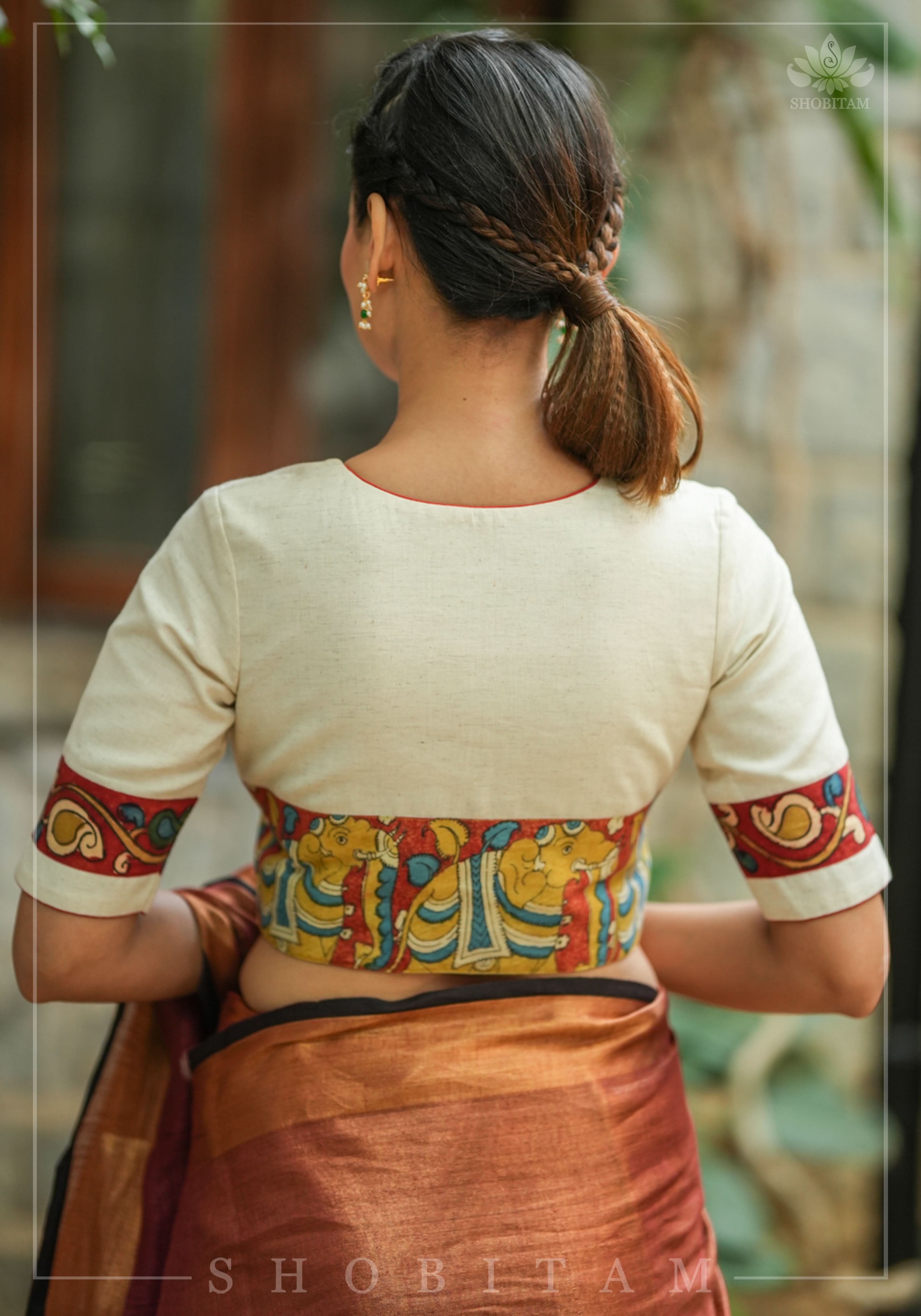 Daisy white V neck blouse with handpainted kalamkari border | Shobitam