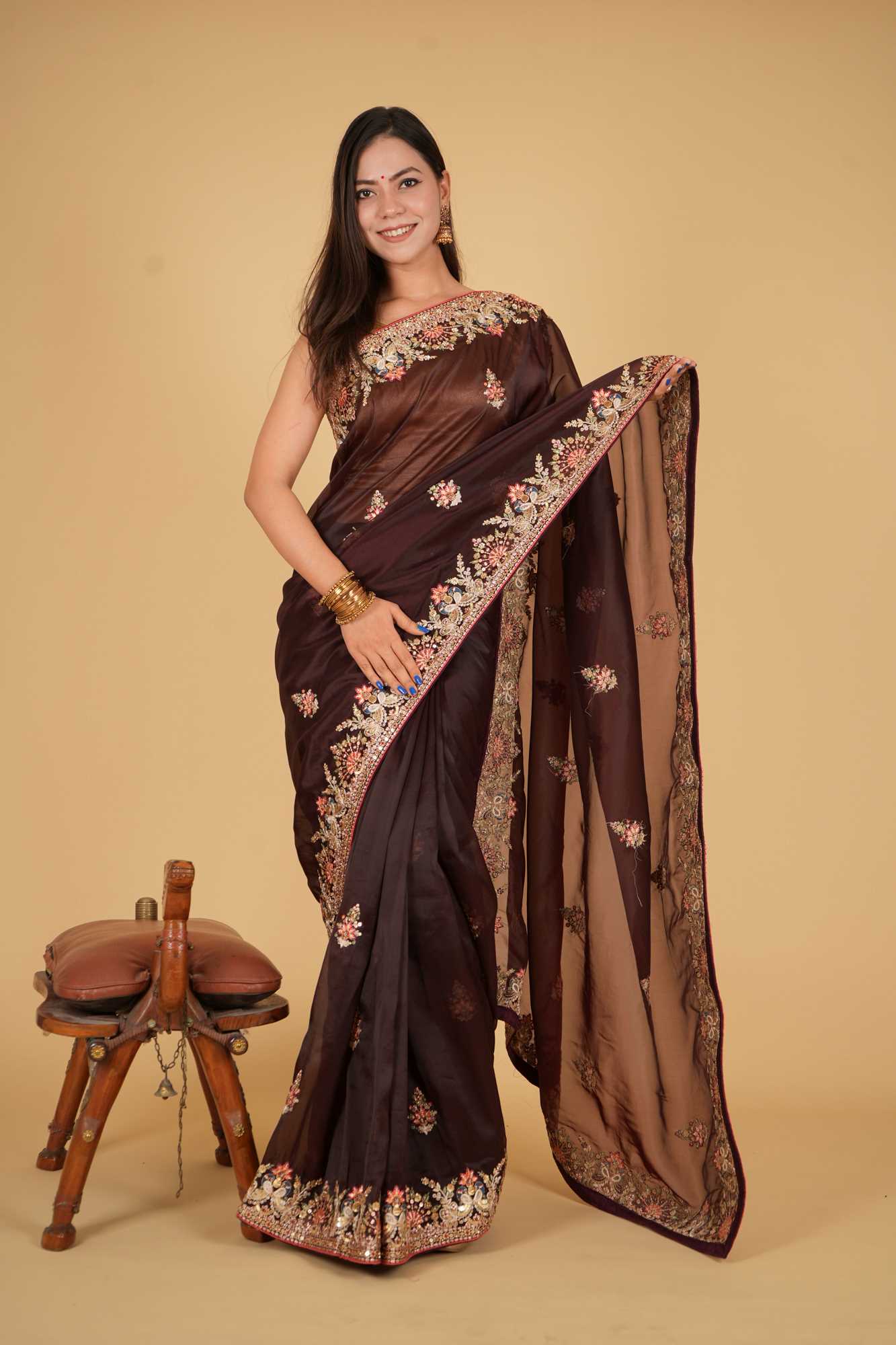 Soft Organza Silk With Heavily Embroidered Border With Sequin And Overall Floral Motifs 1 minute Saree