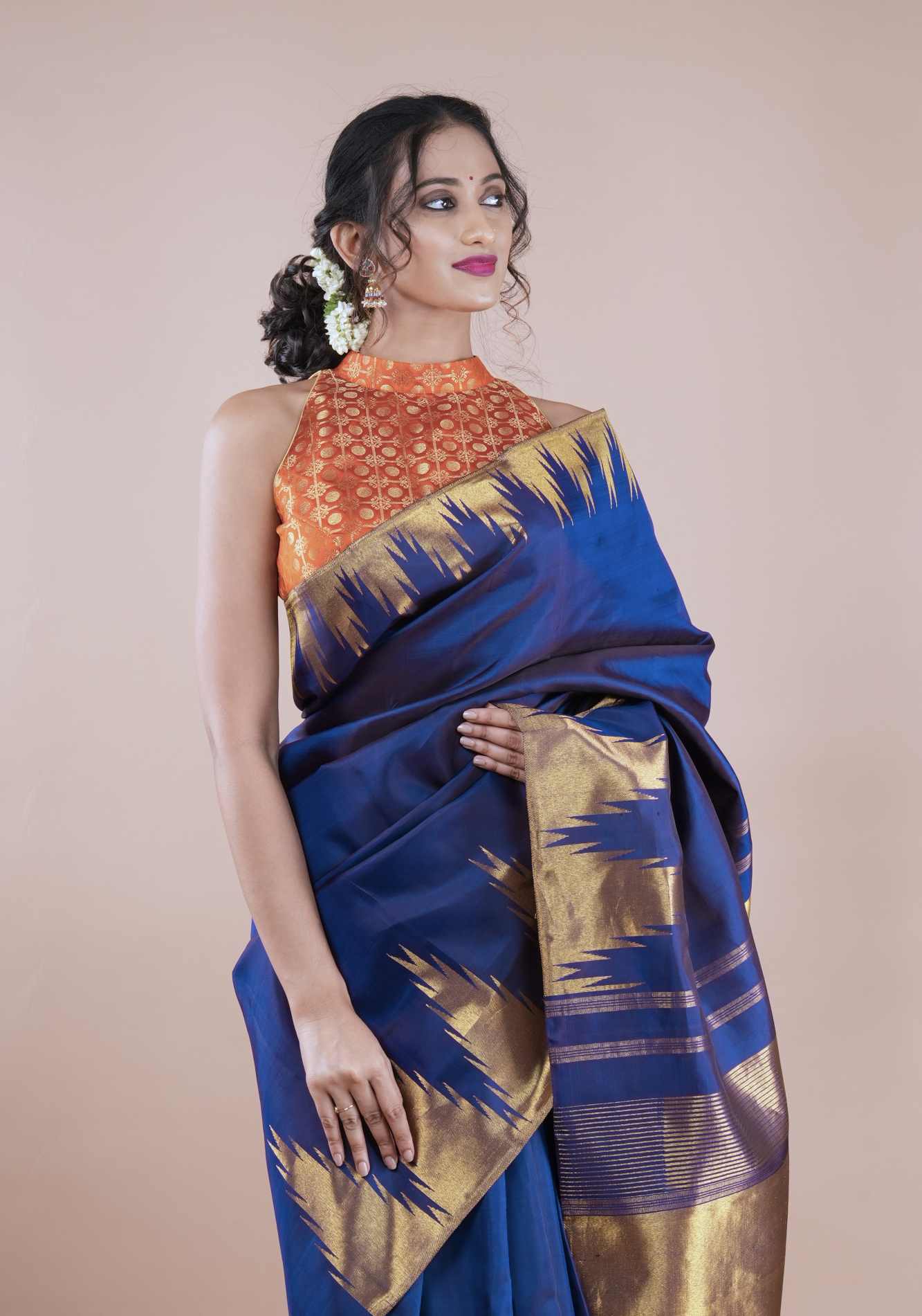 Royal Blue Kanjivaram Pure Silk Saree with golden Zari Temple border Wrap in 1 minute saree