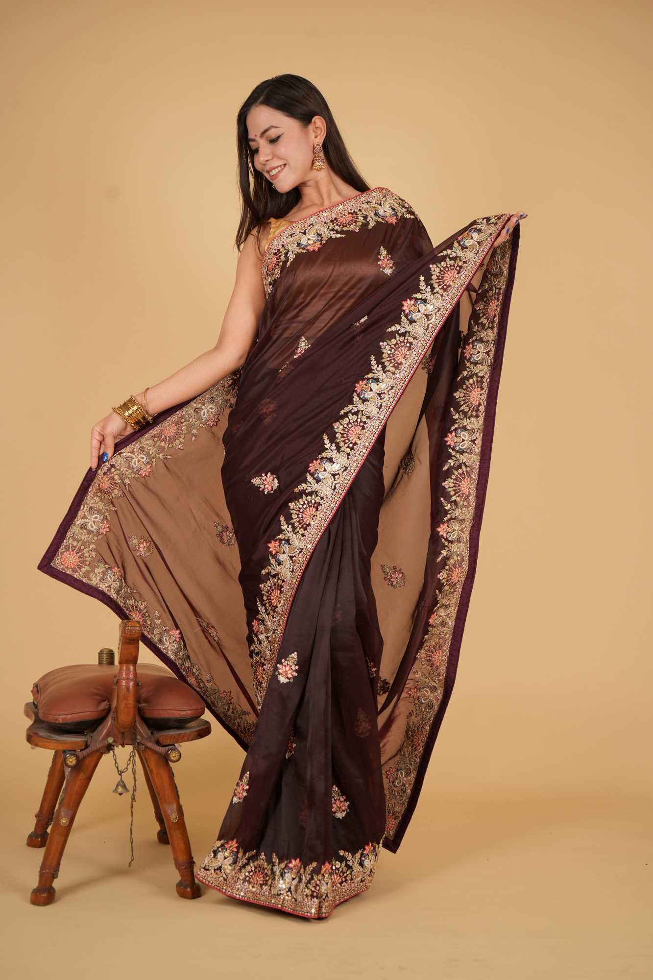 Soft Organza Silk With Heavily Embroidered Border With Sequin And Overall Floral Motifs 1 minute Saree