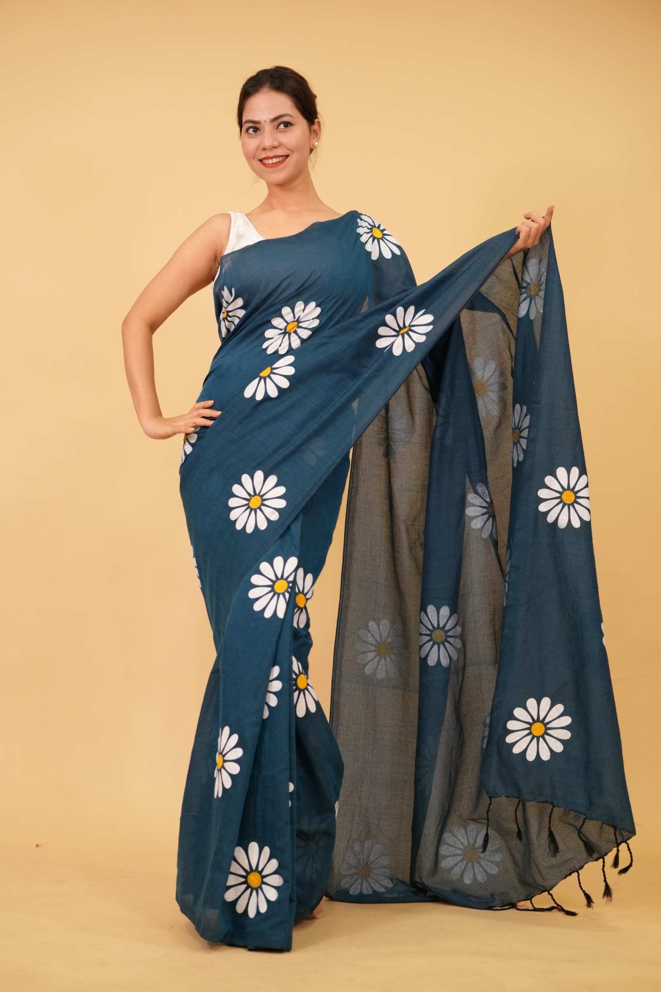 Khadi Cotton Teal Blue  with Floral Hand Painted and tassel on pallu Wrap In One Minute Saree