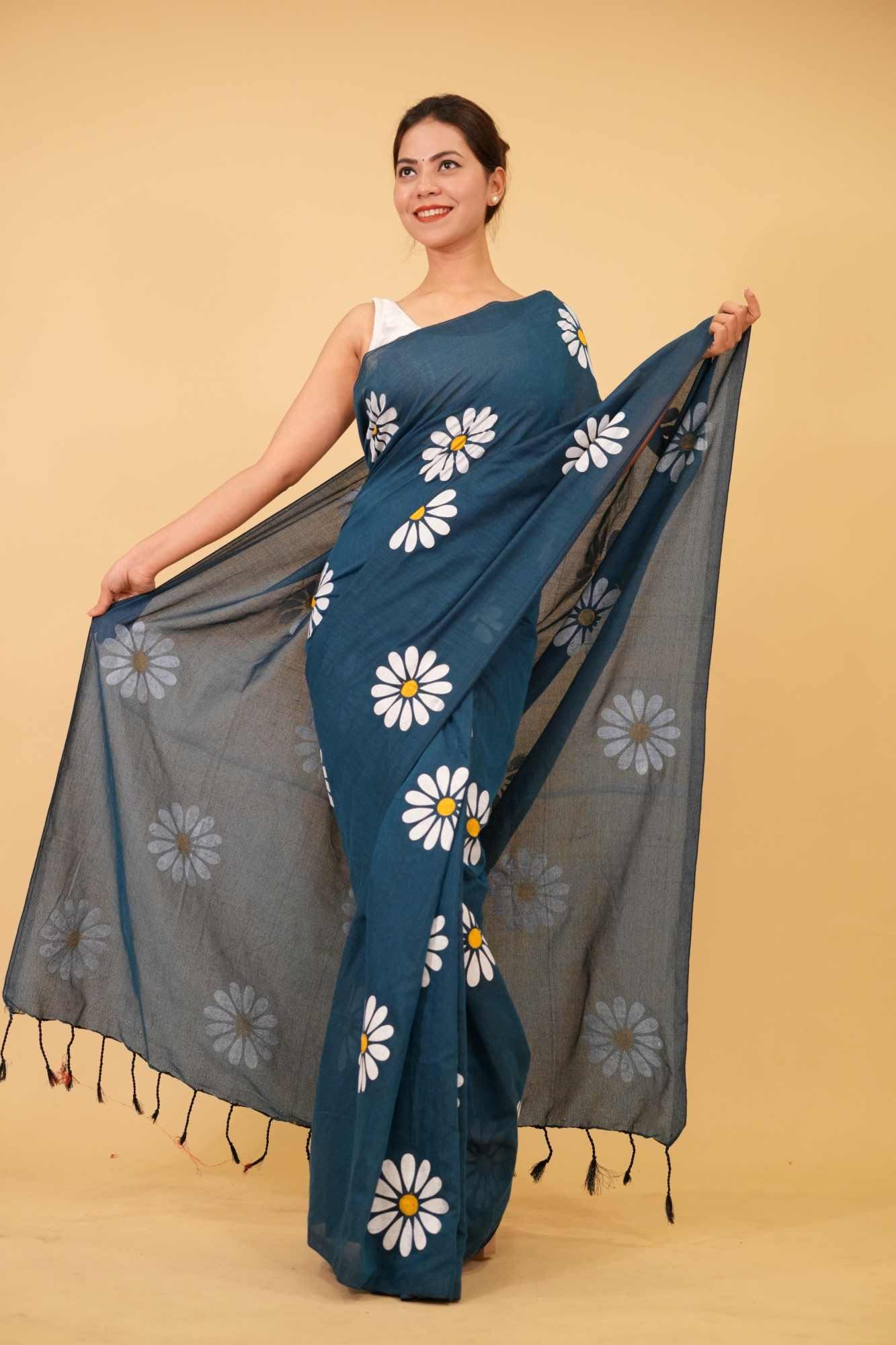 Khadi Cotton Teal Blue  with Floral Hand Painted and tassel on pallu Wrap In One Minute Saree