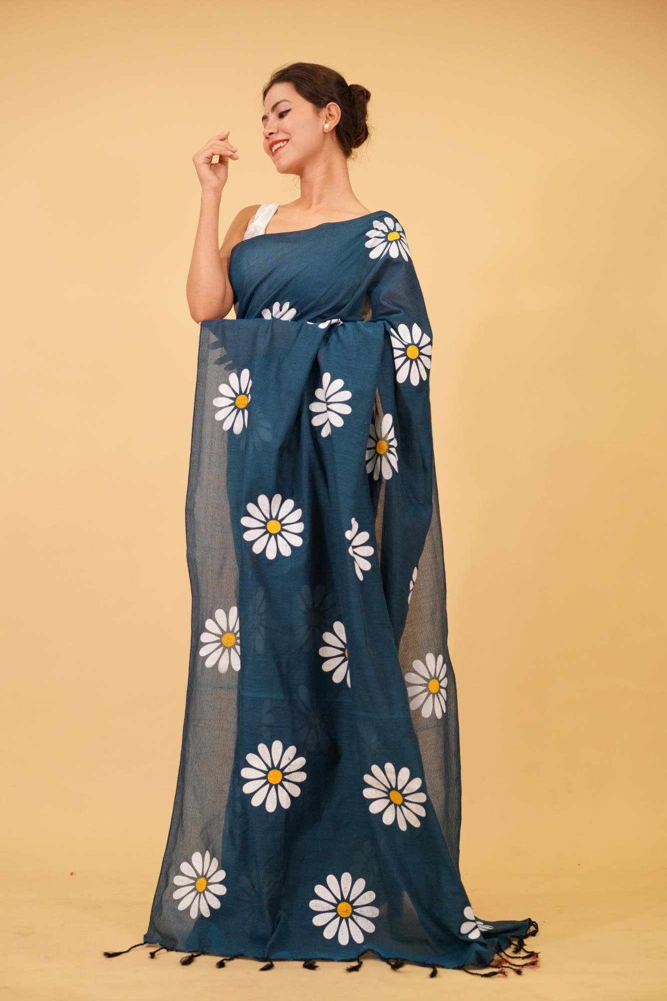 Khadi Cotton Teal Blue  with Floral Hand Painted and tassel on pallu Wrap In One Minute Saree