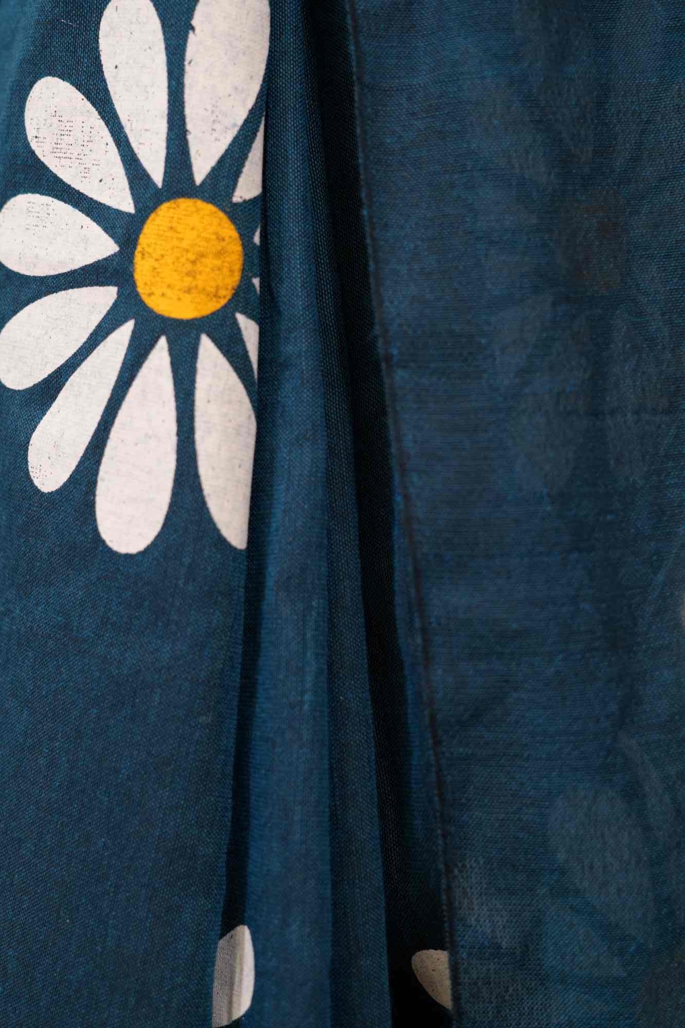 Khadi Cotton Teal Blue  with Floral Hand Painted and tassel on pallu Wrap In One Minute Saree