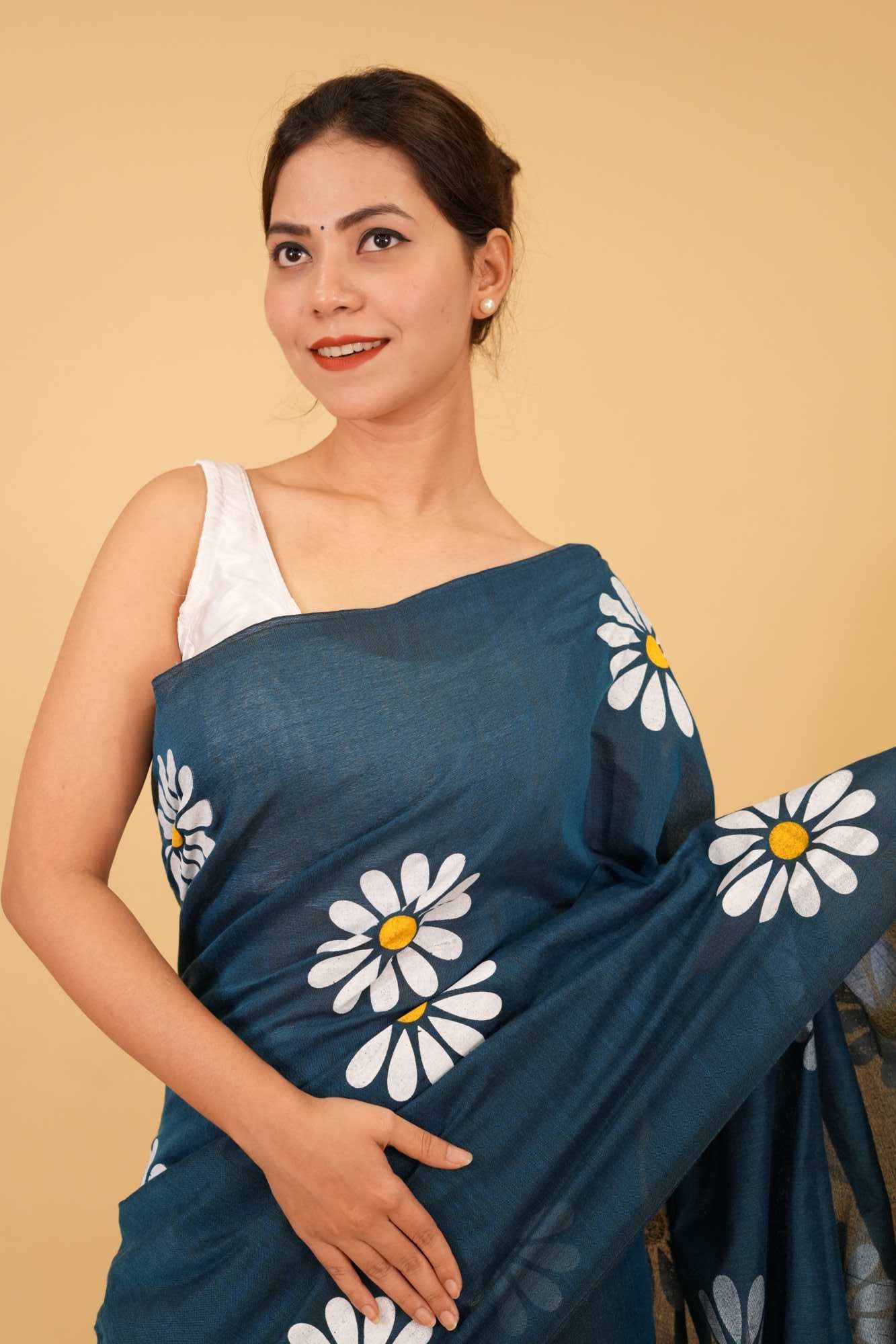 Khadi Cotton Teal Blue  with Floral Hand Painted and tassel on pallu Wrap In One Minute Saree