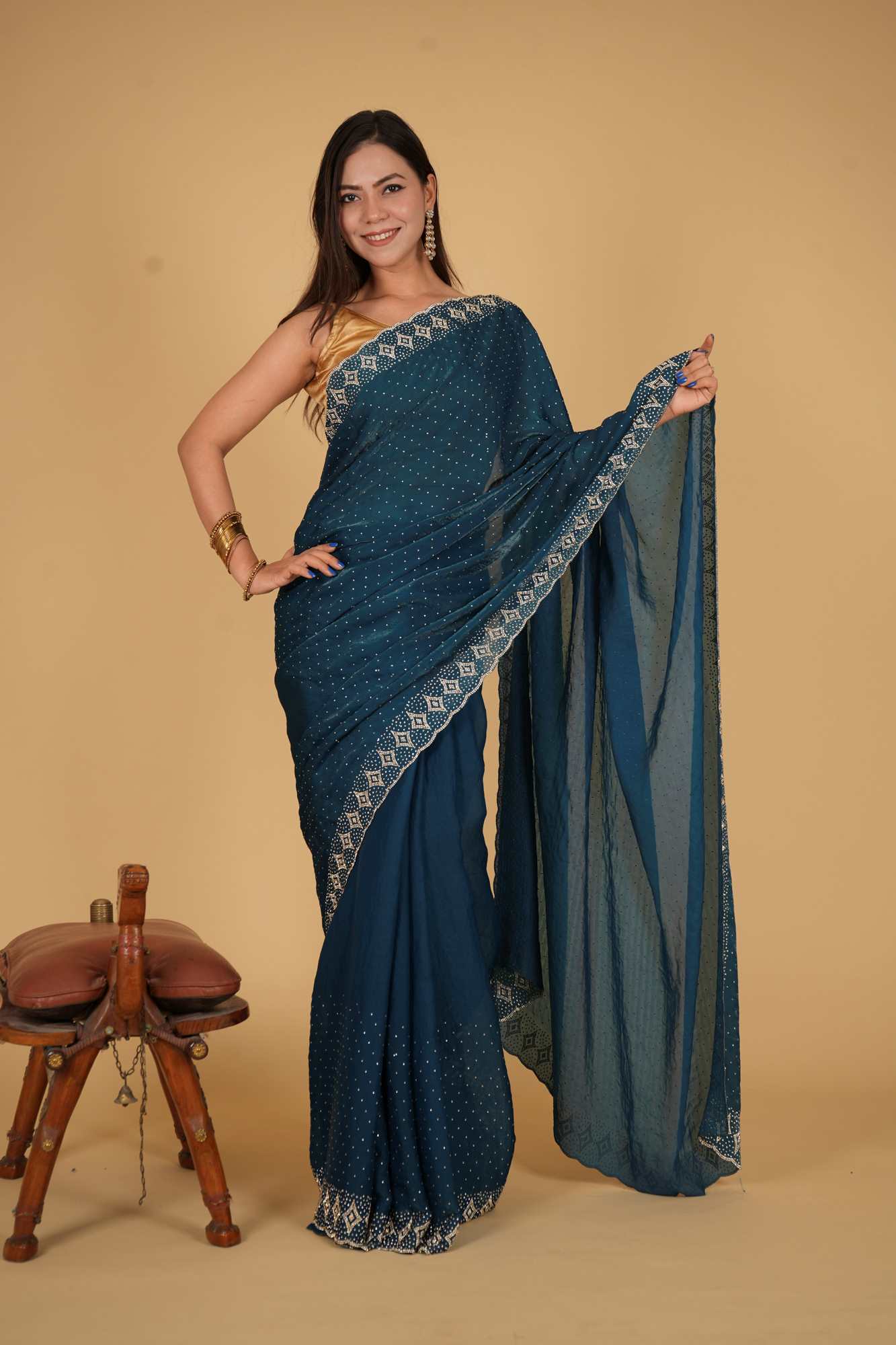 Party Style Soft Chiffon silk With Stone Embellished Overall And Detail Border Pre Drape Saree