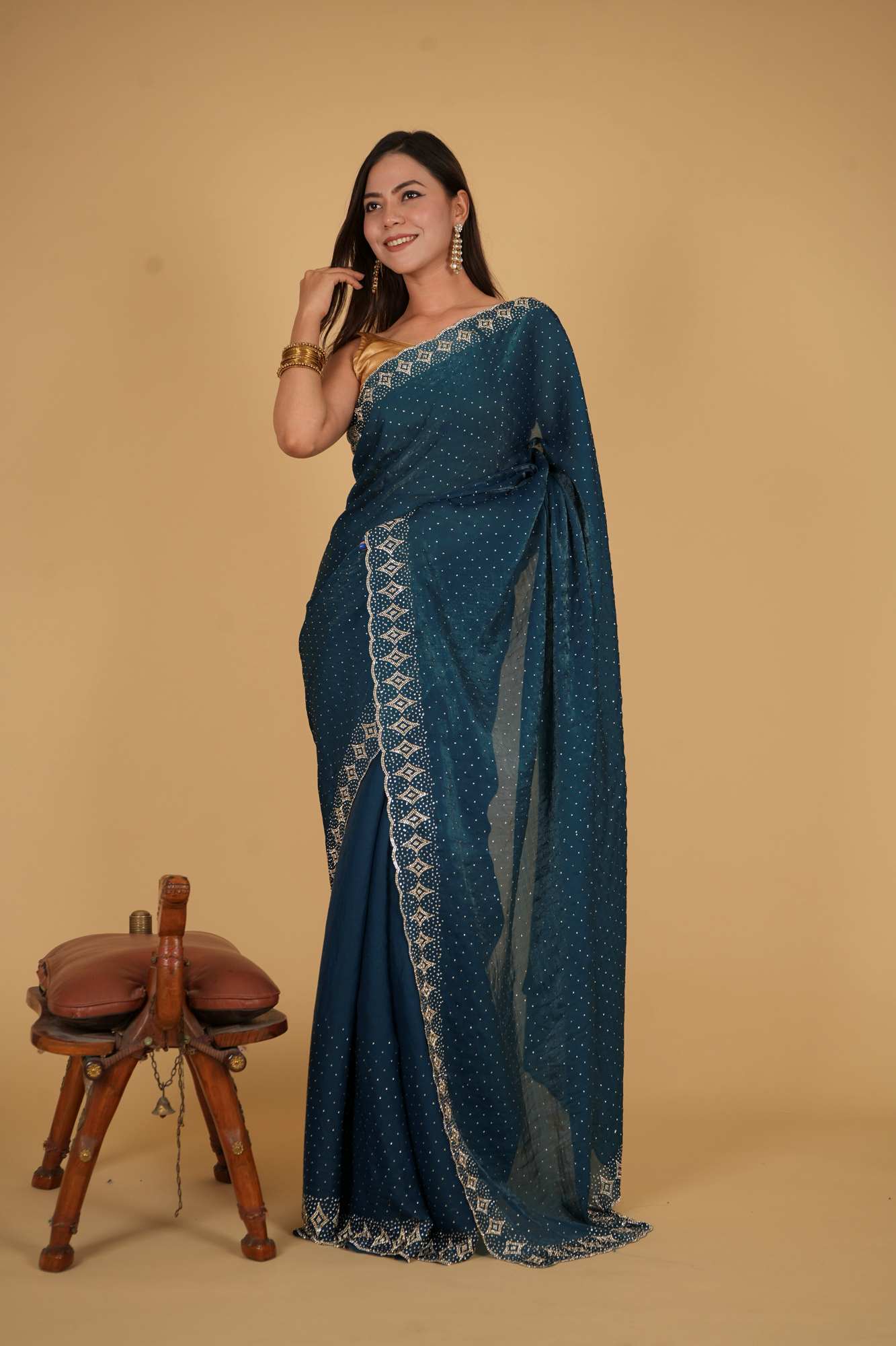 Party Style Soft Chiffon silk With Stone Embellished Overall And Detail Border Pre Drape Saree