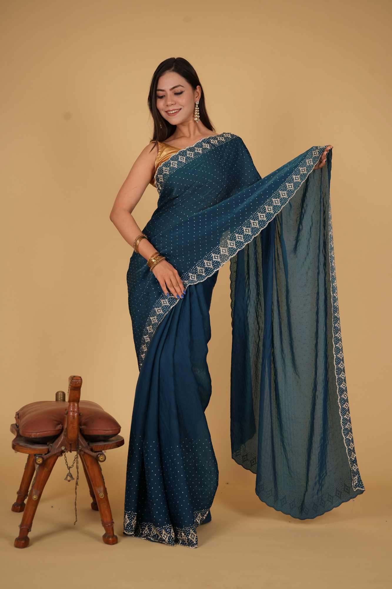 Party Style Soft Chiffon silk With Stone Embellished Overall And Detail Border Pre Drape Saree