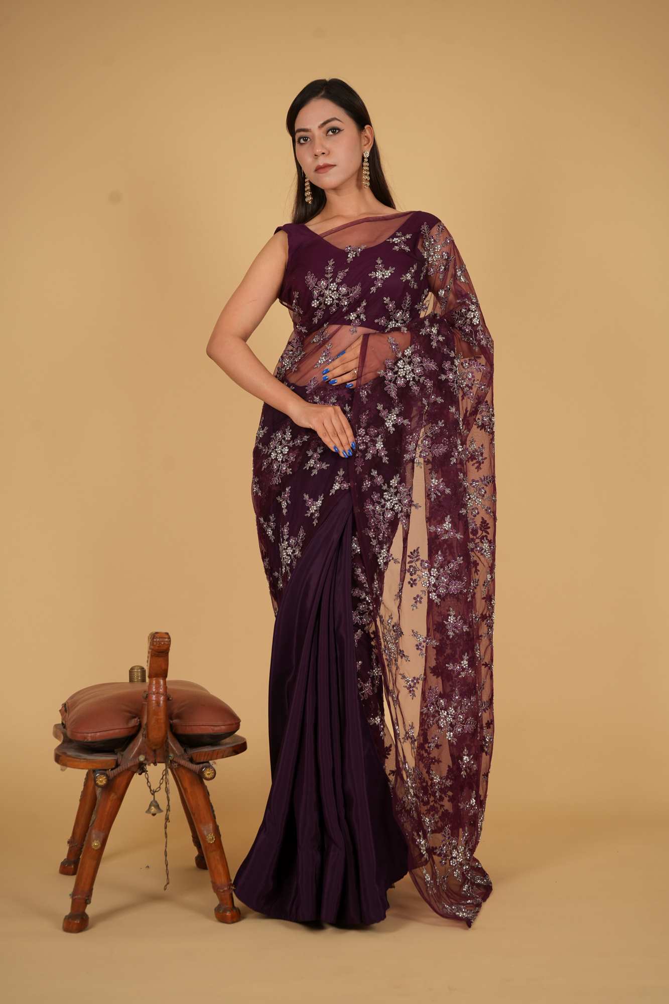 Designer Zari and Stone Embroidered pallu with half & half Wrap in one minute saree