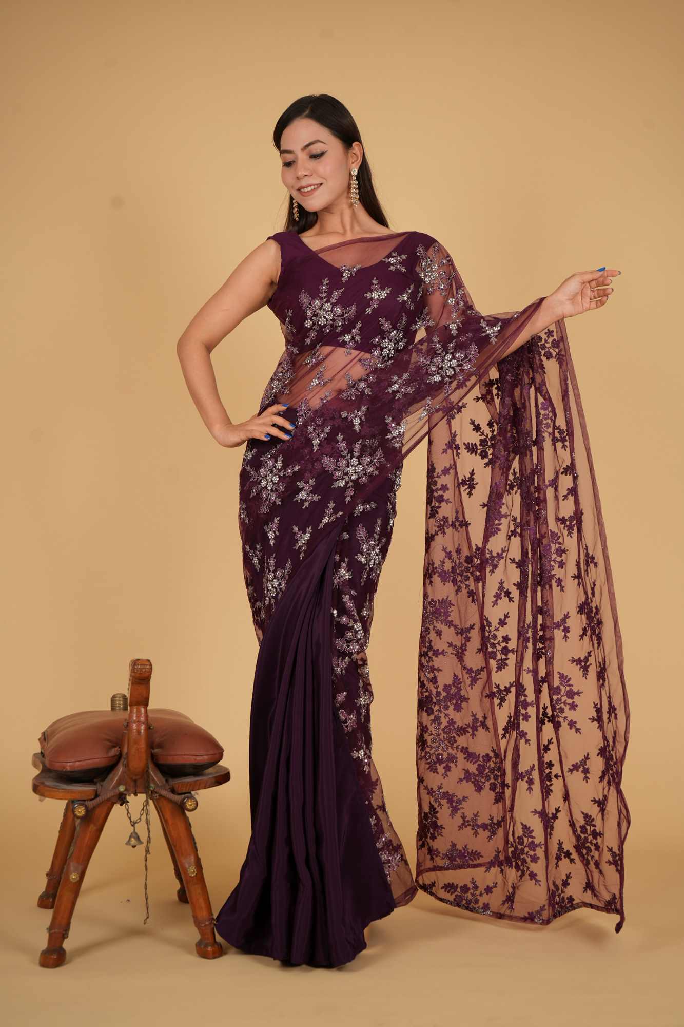 Designer Zari and Stone Embroidered pallu with half & half Wrap in one minute saree