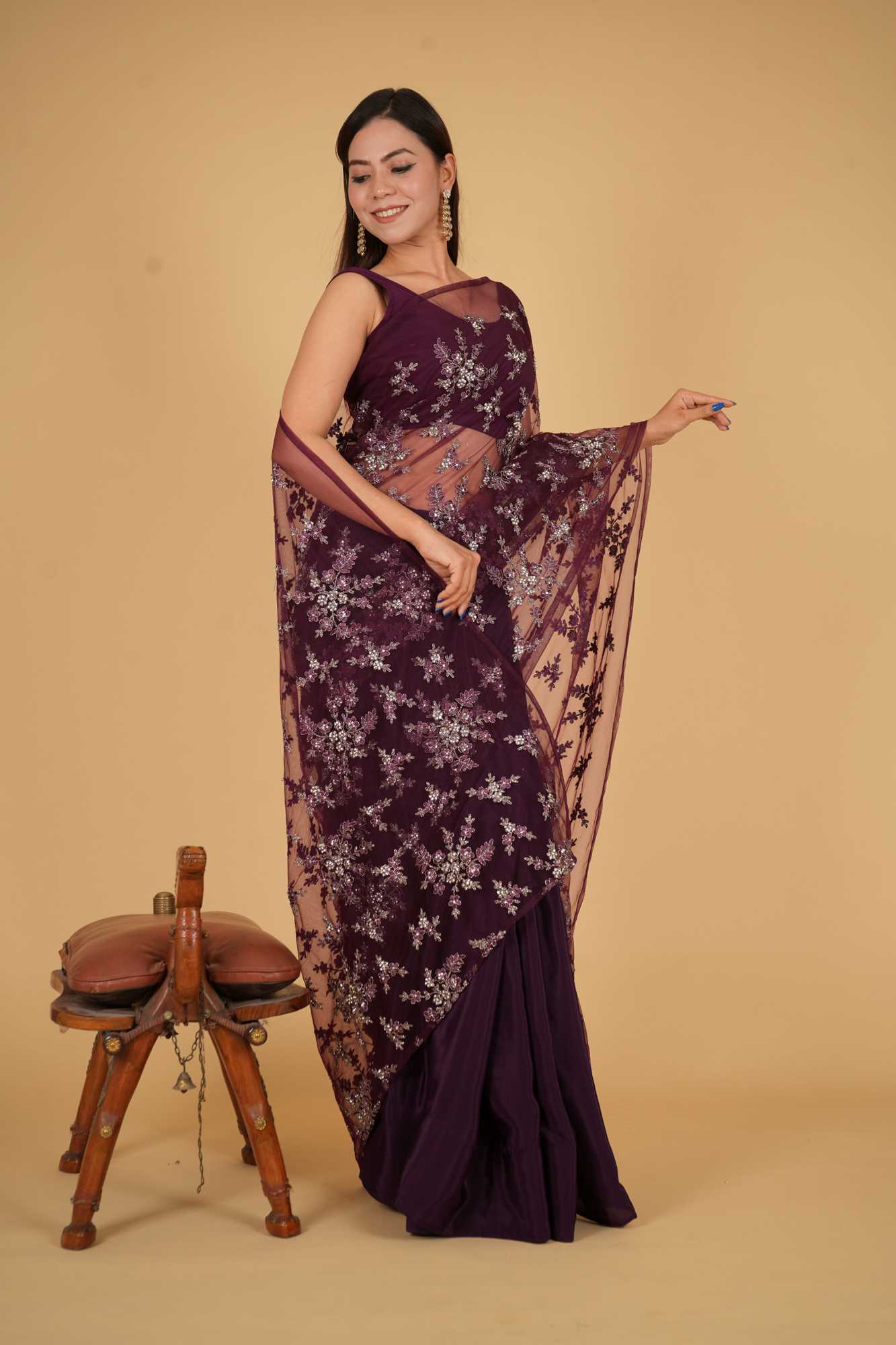 Designer Zari and Stone Embroidered pallu with half & half Wrap in one minute saree