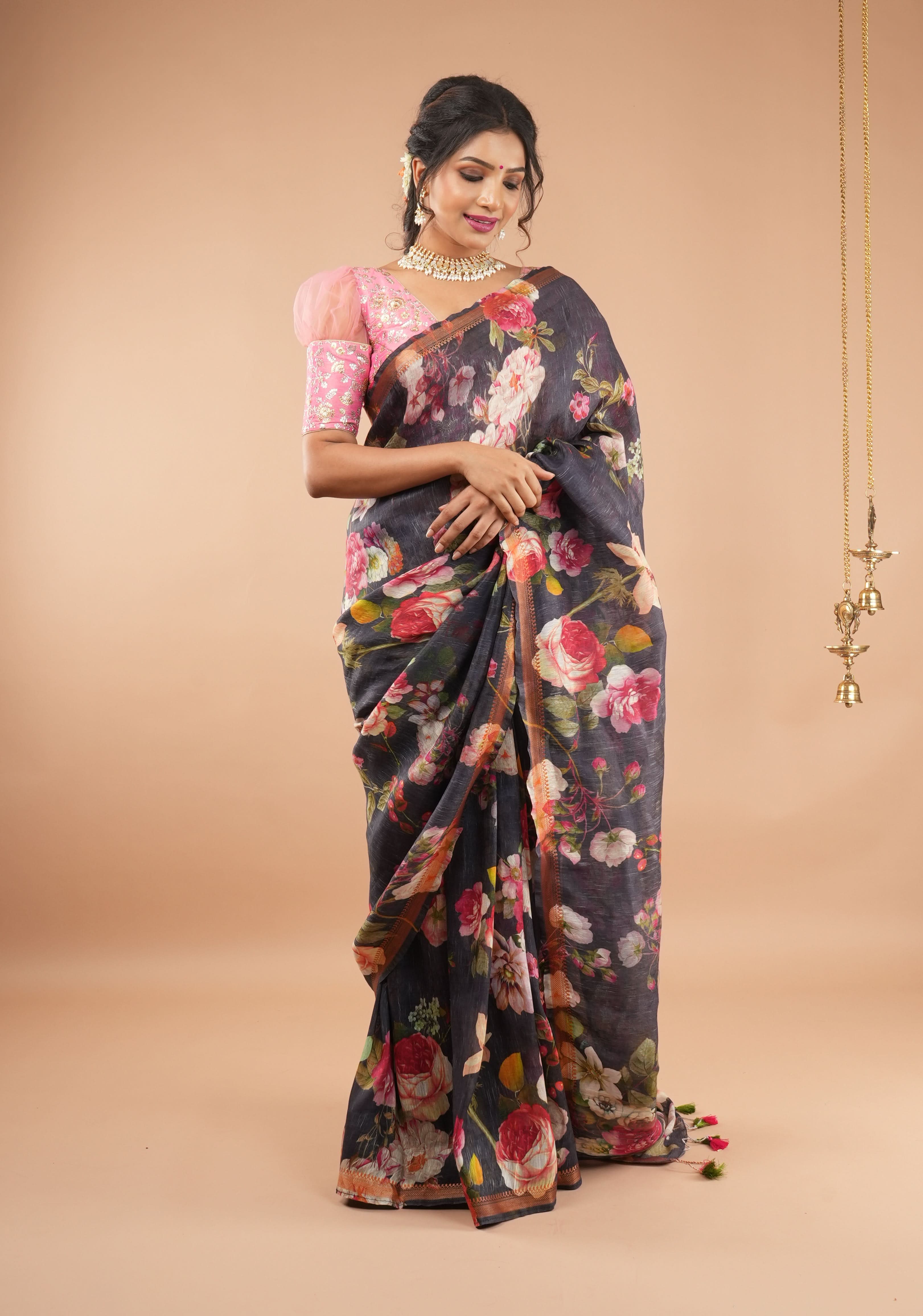Brown-Black Silk Linen Saree with Floral Digital Print and Woven Zari Borders | Shobitam