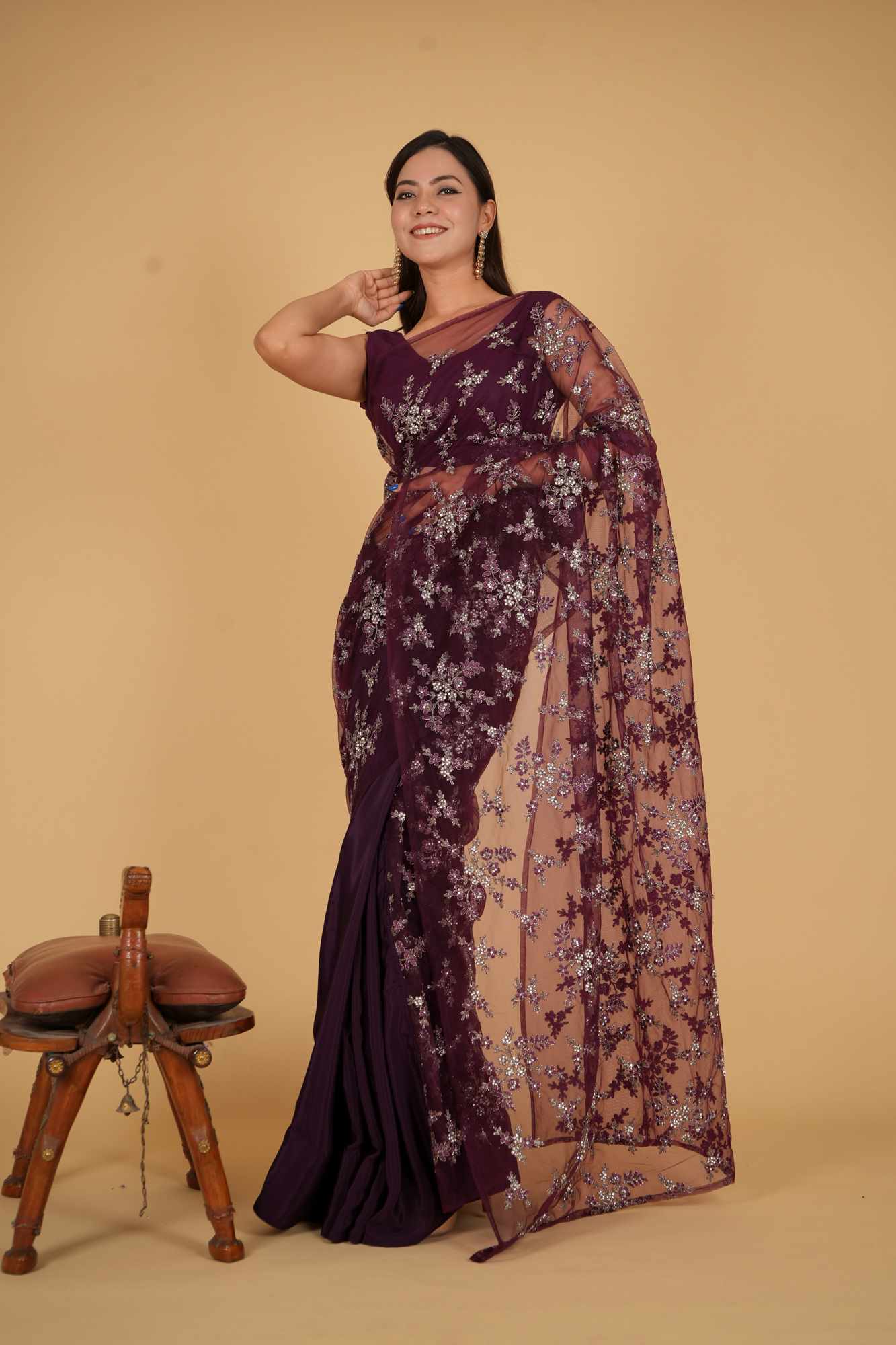 Designer Zari and Stone Embroidered pallu with half & half Wrap in one minute saree