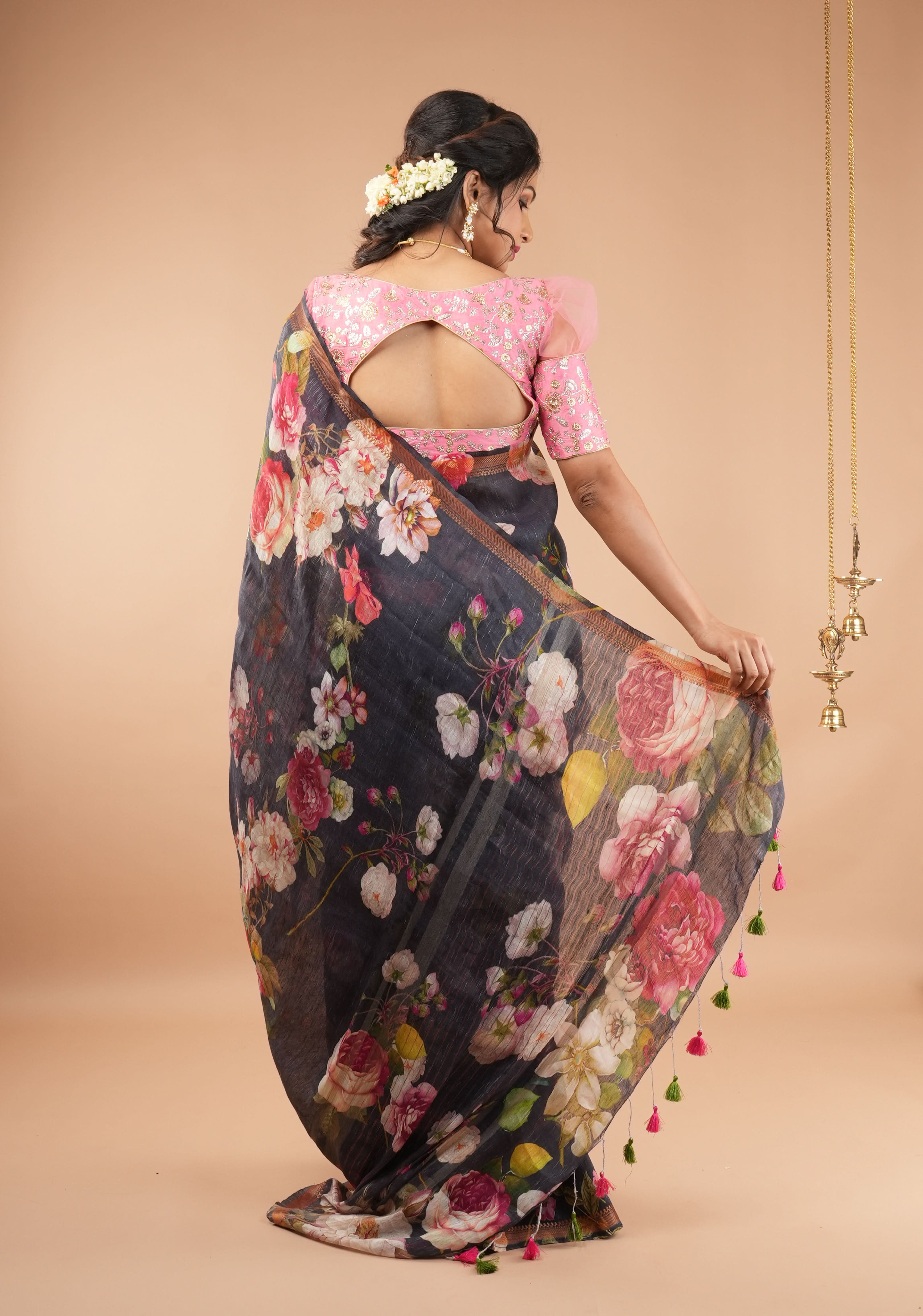 Carnation Pink sequin embroidery blouse with sheer puff sleeve | Shobitam