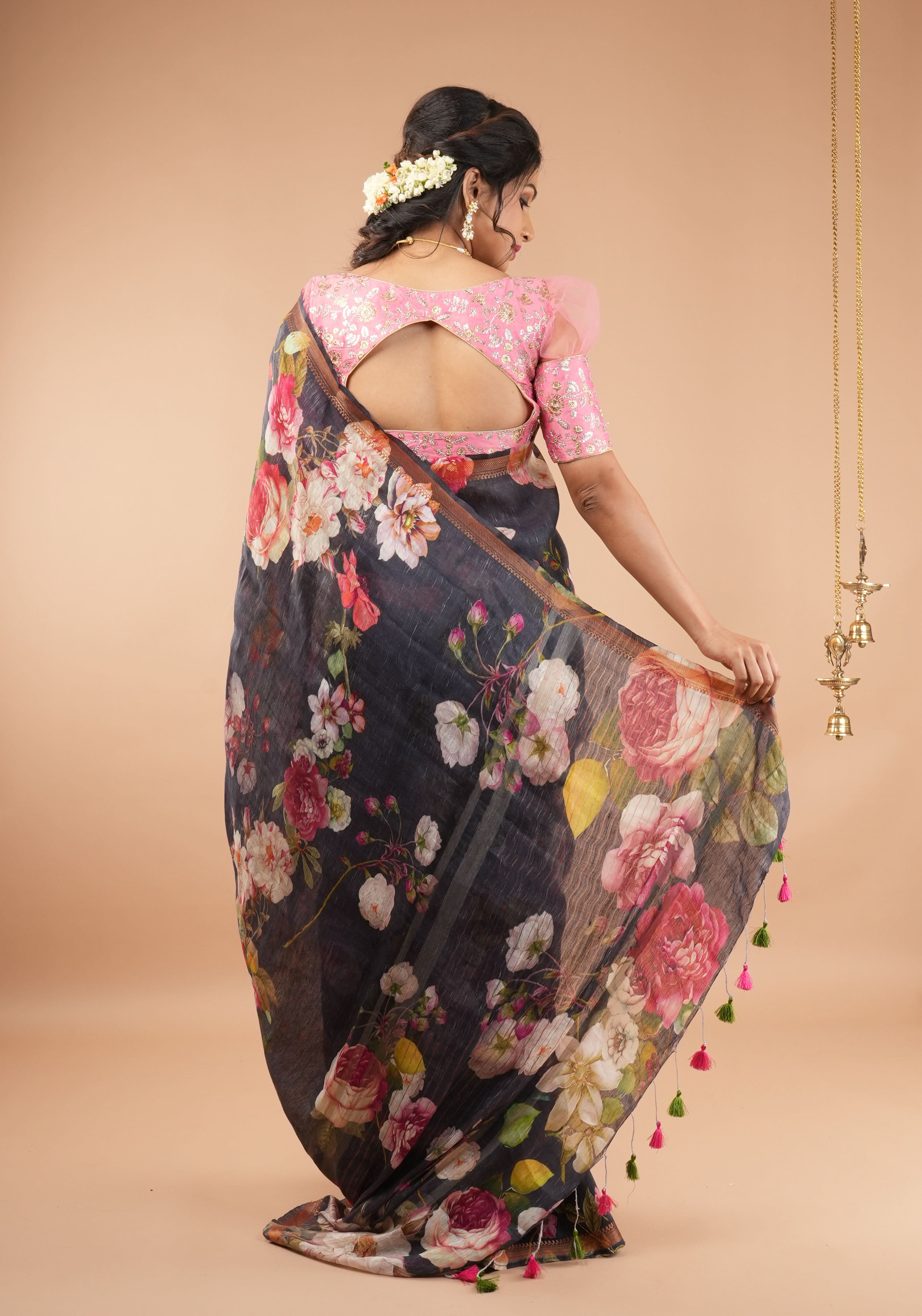 Brown-Black Silk Linen Saree with Floral Digital Print and Woven Zari Borders | Shobitam