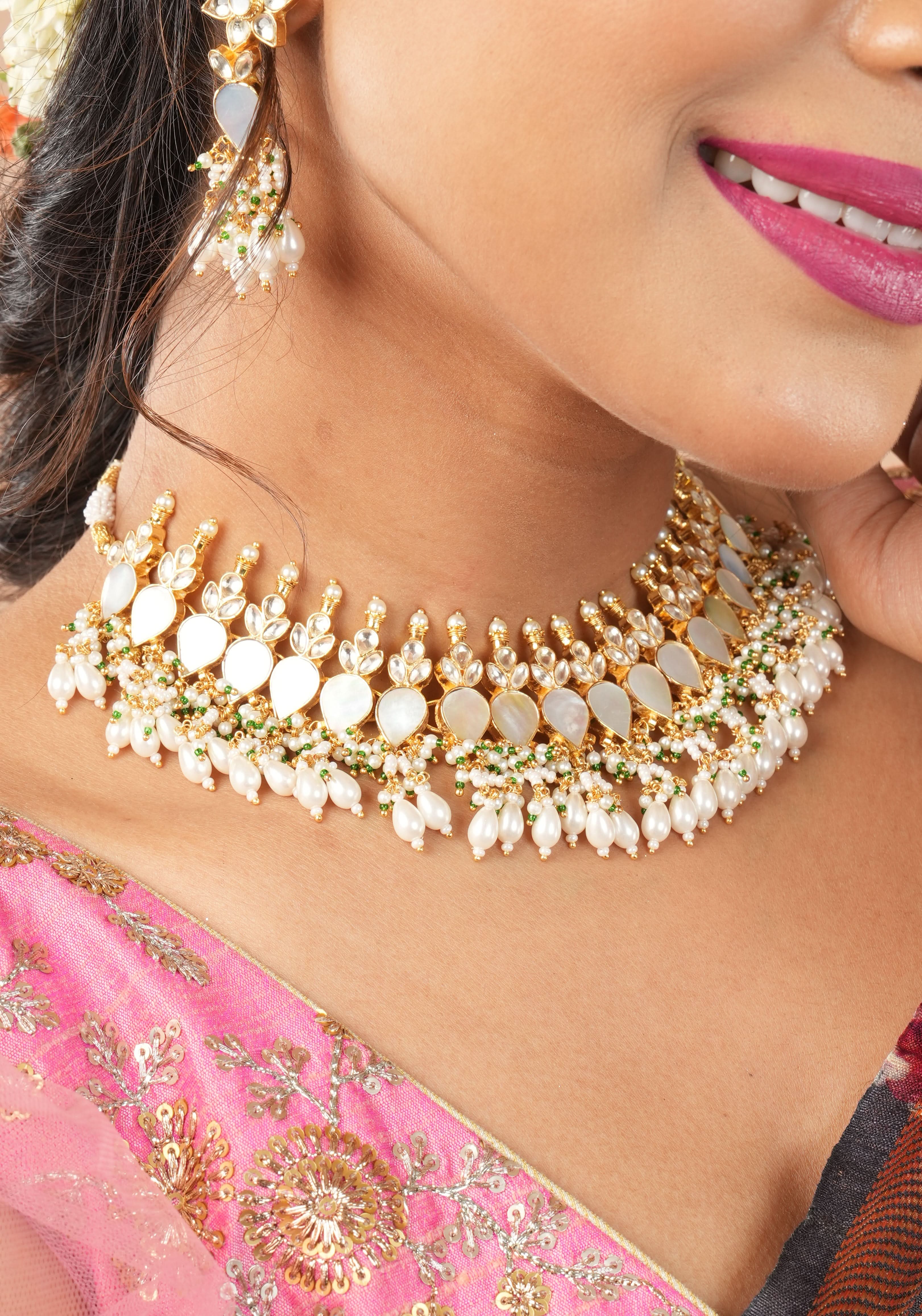 Ahmedabadi Jadau Mother of Pearls choker Set | Shobitam Jewelry
