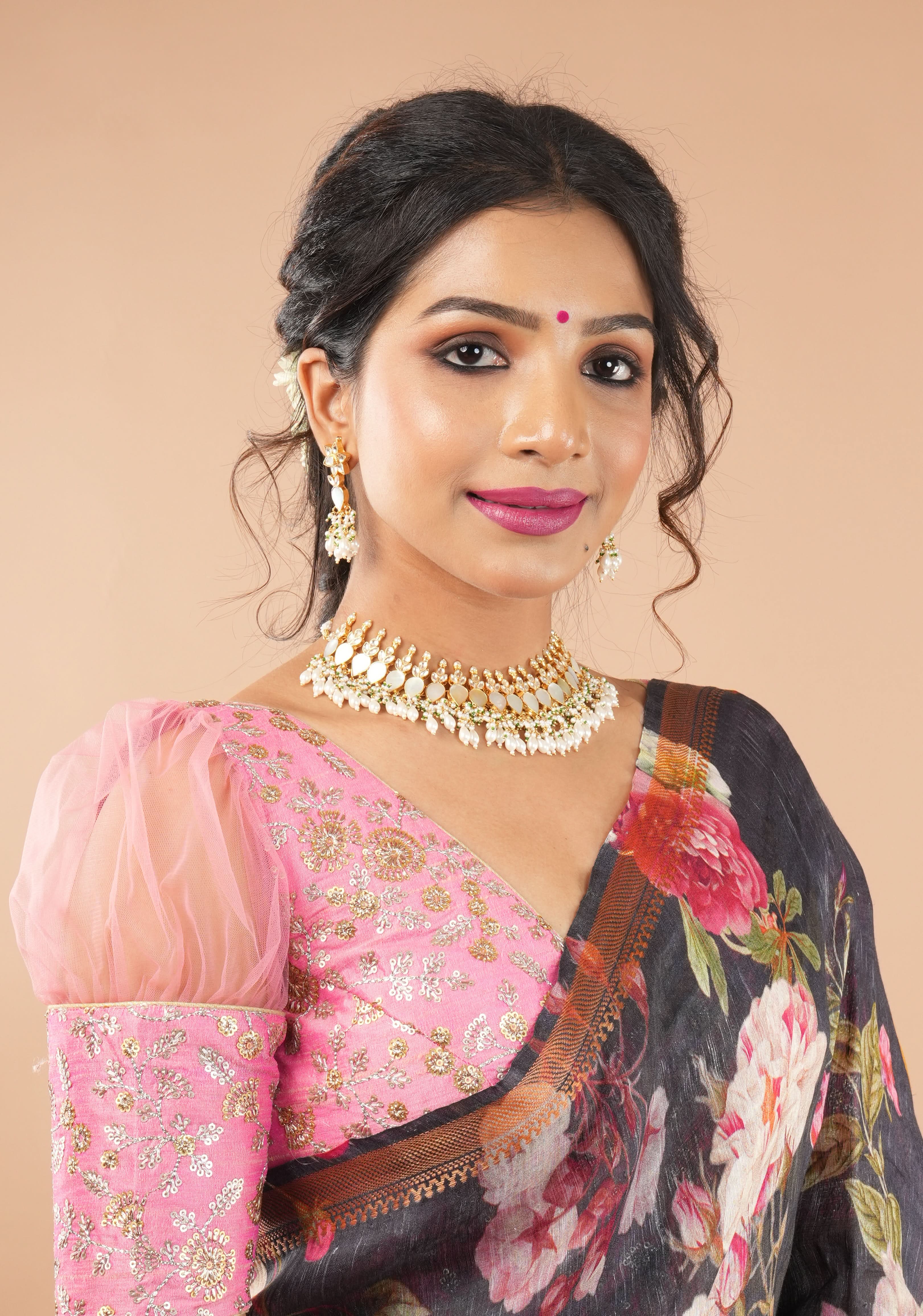 Carnation Pink sequin embroidery blouse with sheer puff sleeve | Shobitam