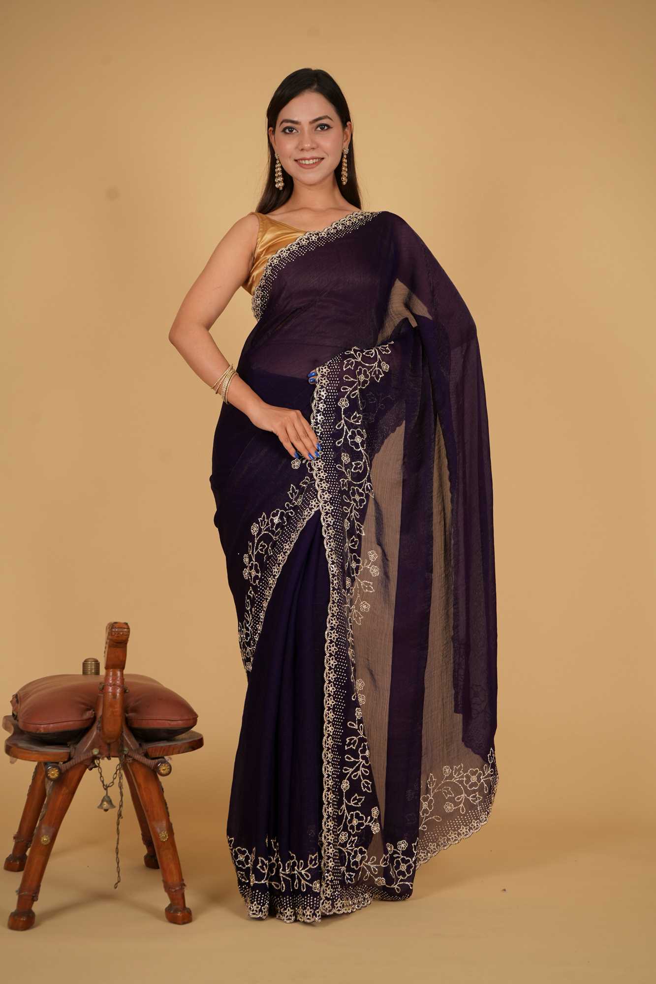 Premium Chiffon Silk With intricate Floral Motif  Stone Embellished Detail Border Pre Drape Saree