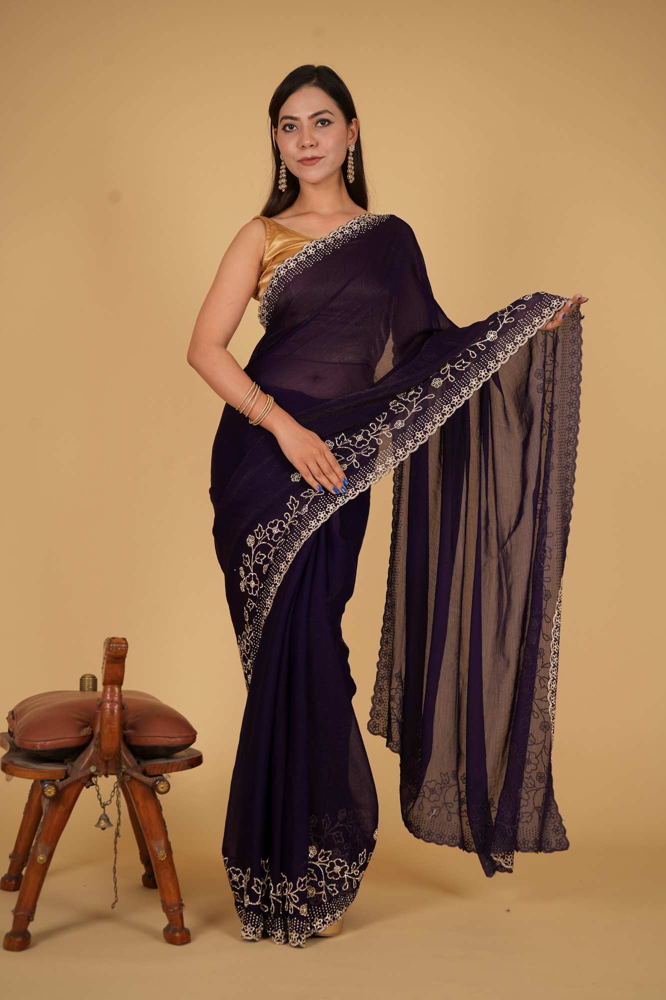 Premium Chiffon Silk With intricate Floral Motif  Stone Embellished Detail Border Pre Drape Saree