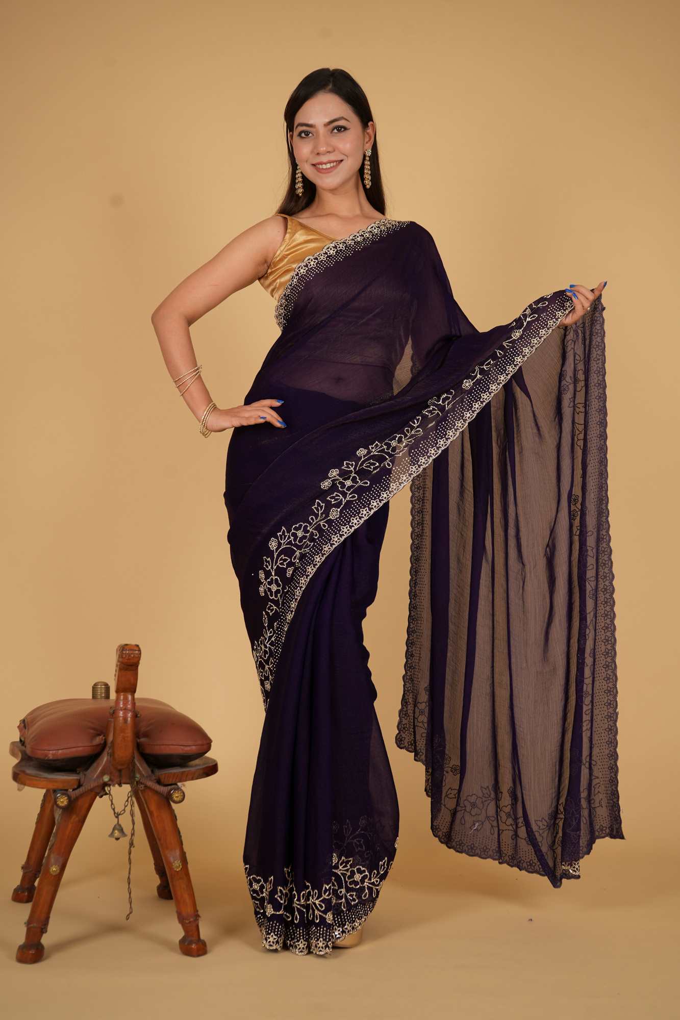 Premium Chiffon Silk With intricate Floral Motif  Stone Embellished Detail Border Pre Drape Saree