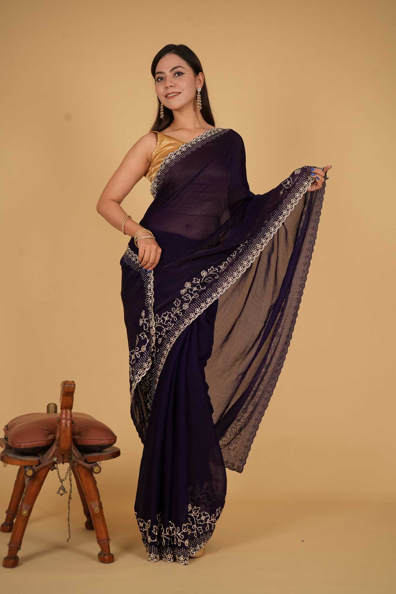 Premium Chiffon Silk With intricate Floral Motif  Stone Embellished Detail Border Pre Drape Saree