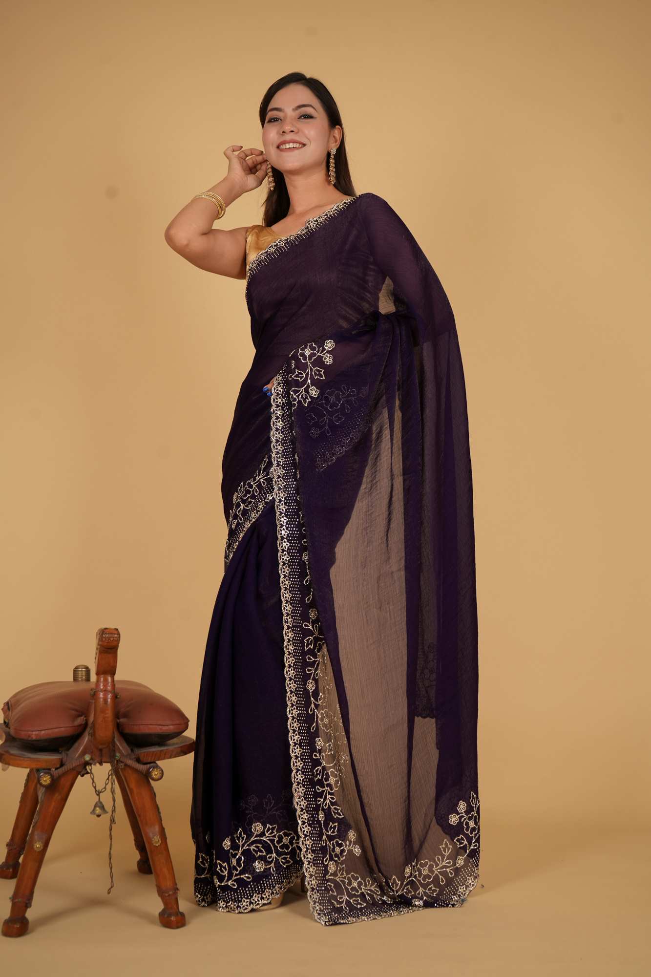 Premium Chiffon Silk With intricate Floral Motif  Stone Embellished Detail Border Pre Drape Saree