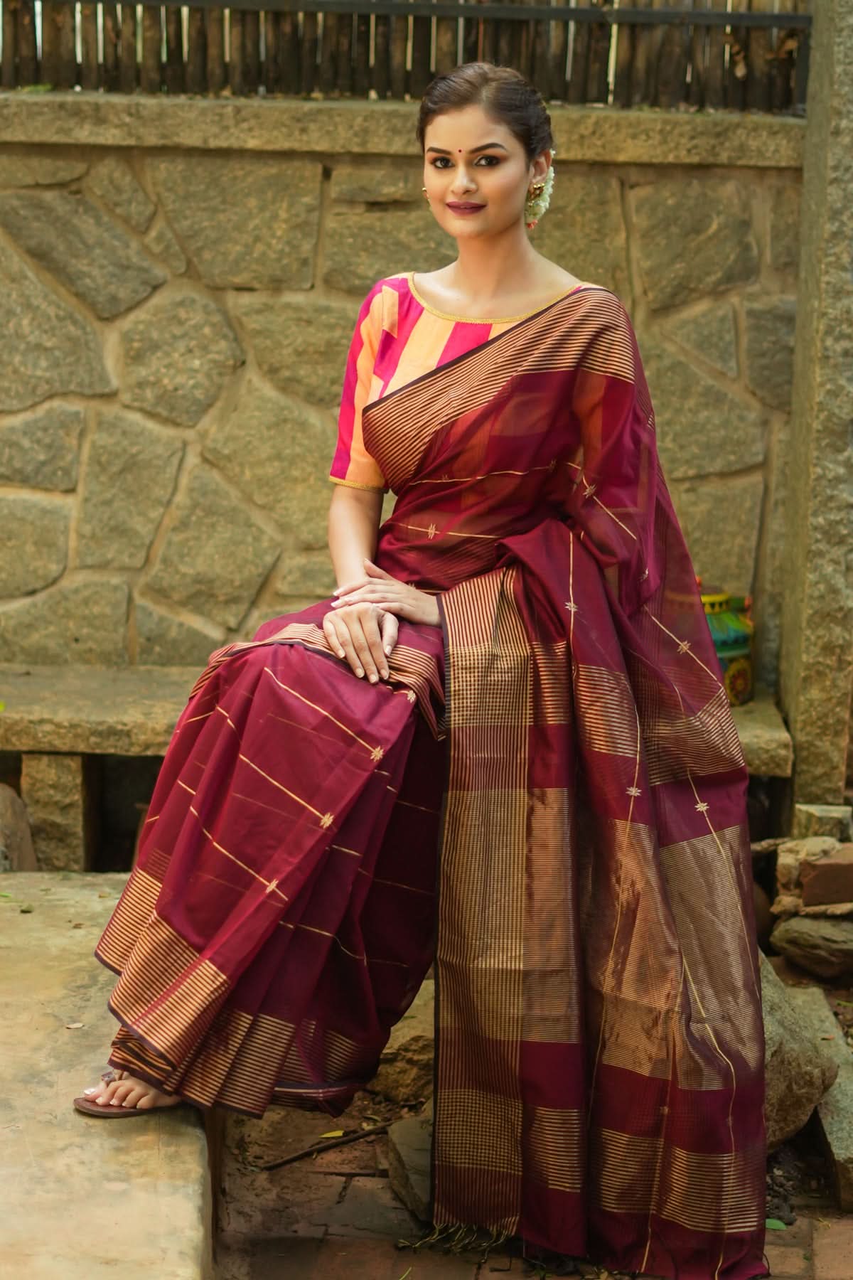 Maheshwari Silk Cotton Saree in Maroon with Stripes and Buttas | Shobitam
