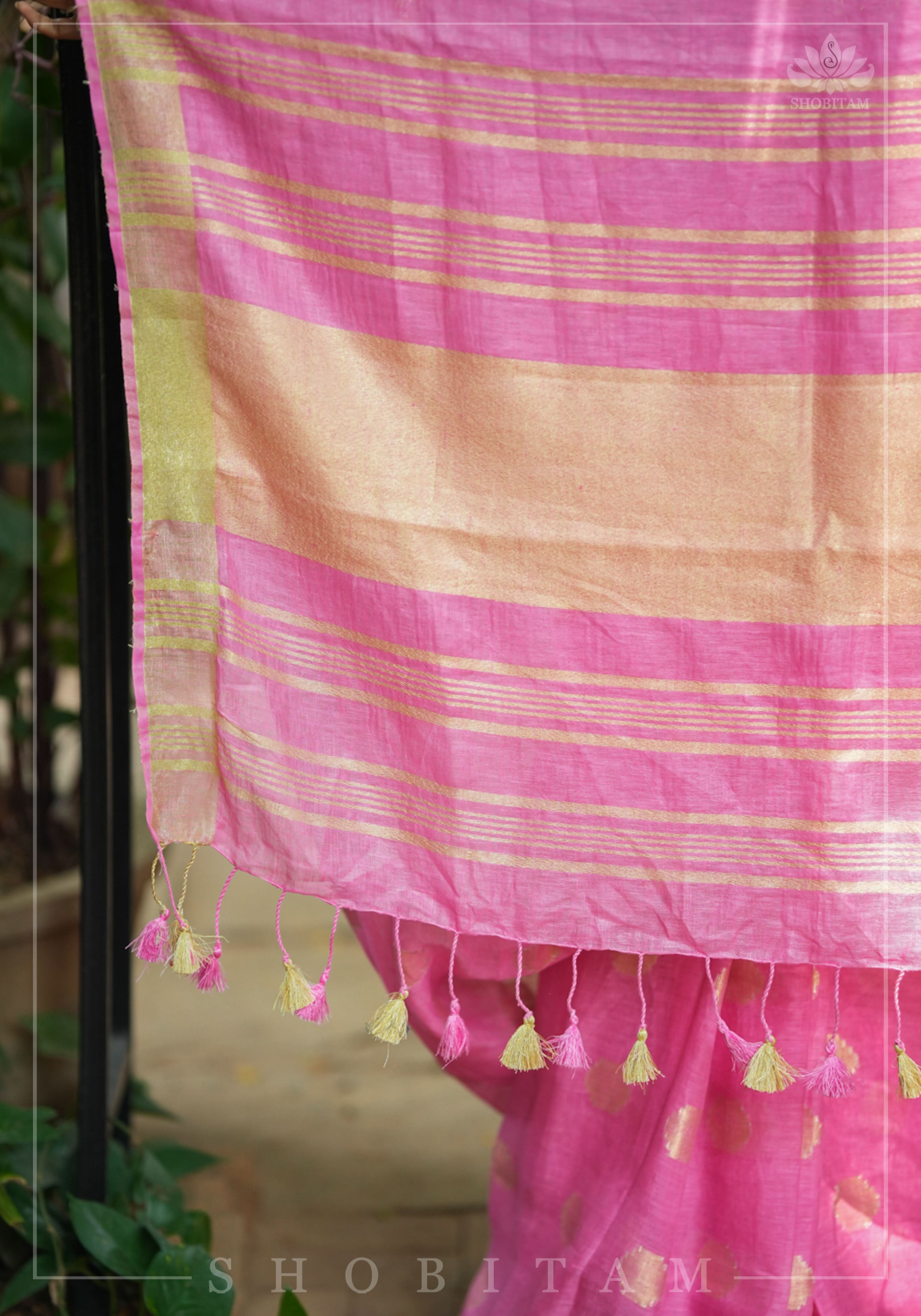 Carnation Pink Linen Saree with Polka Dots Weave | Shobitam Saree