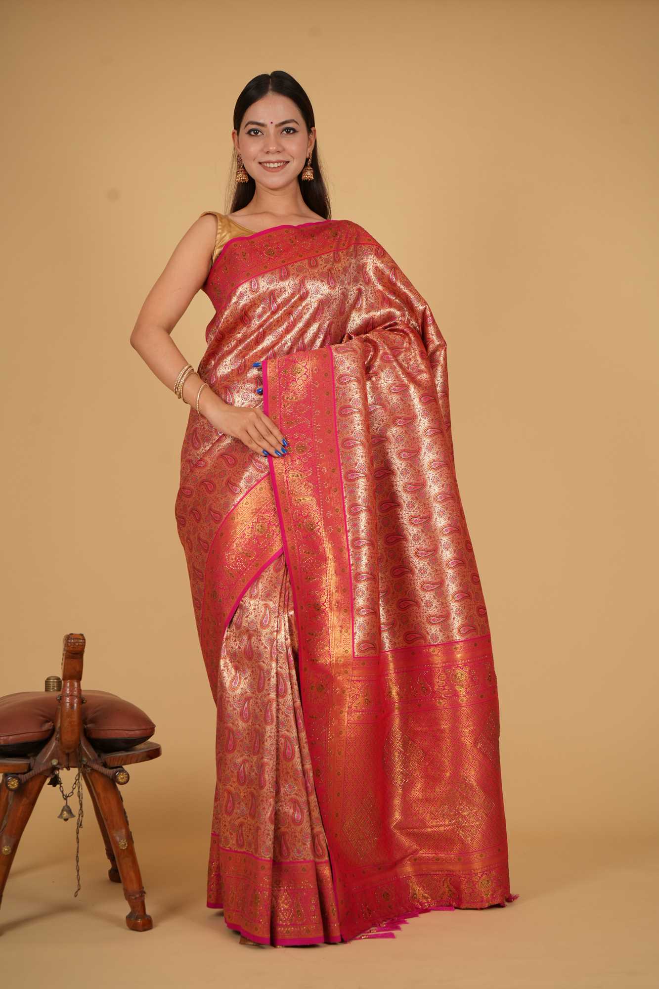 Dharamvaram Weave Gold Toned with Ornate Zari work & stone Embellished prestitched saree