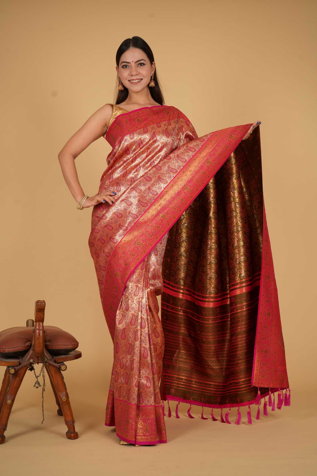 Dharamvaram Weave Gold Toned with Ornate Zari work & stone Embellished prestitched saree