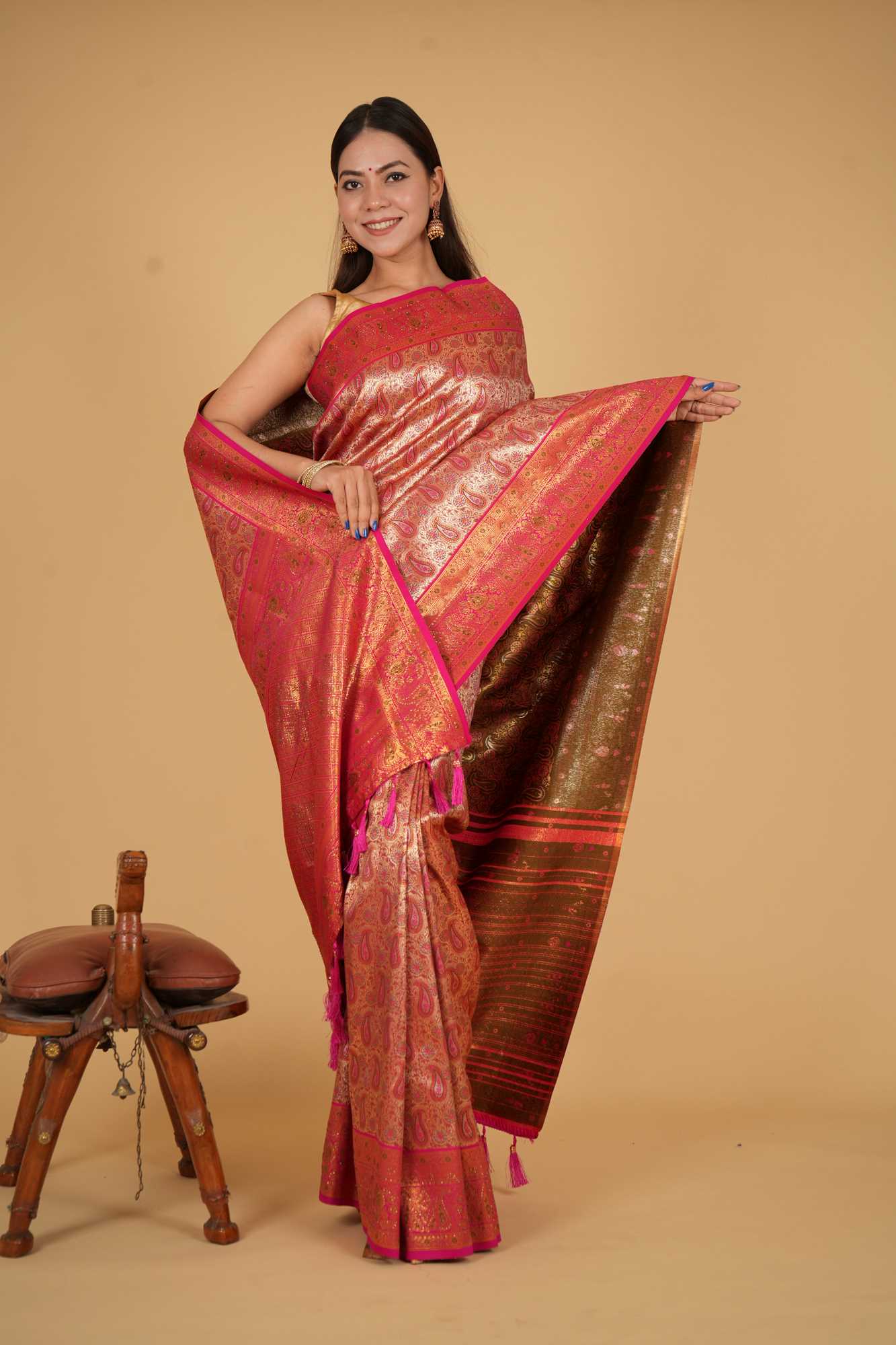 Dharamvaram Weave Gold Toned with Ornate Zari work & stone Embellished prestitched saree