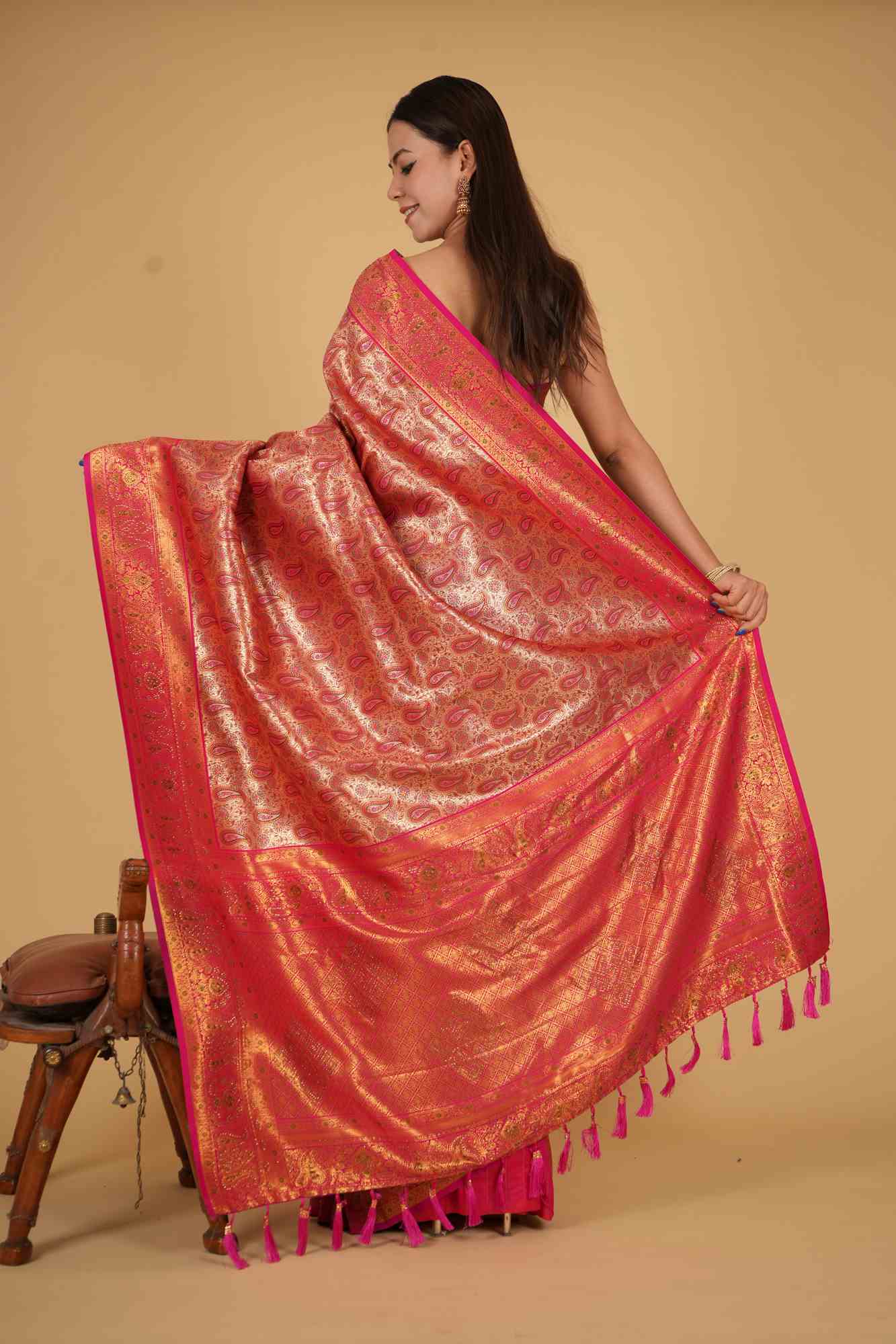 Dharamvaram Weave Gold Toned with Ornate Zari work & stone Embellished prestitched saree