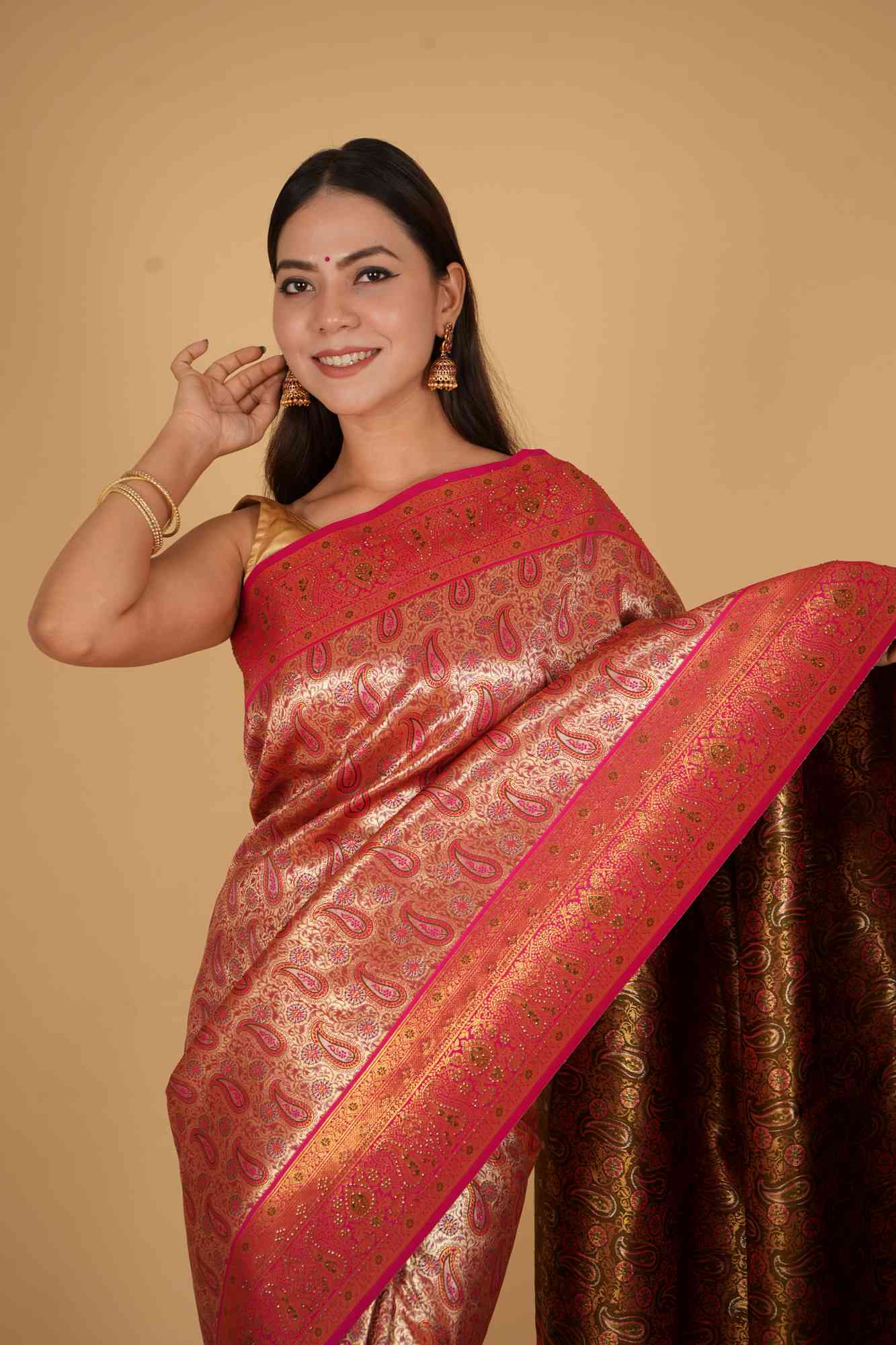 Dharamvaram Weave Gold Toned with Ornate Zari work & stone Embellished prestitched saree