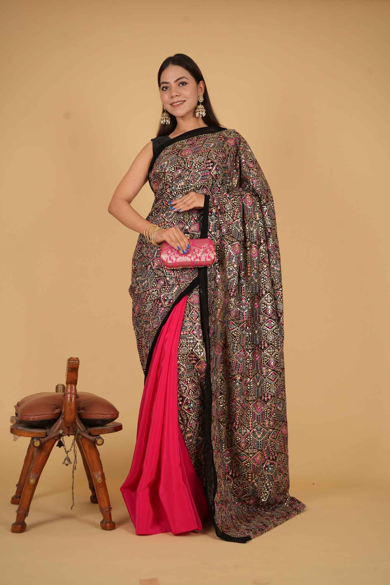 Half & Half contrast Designer Pallu with Zari Embroidered Work Wrap in one minute saree