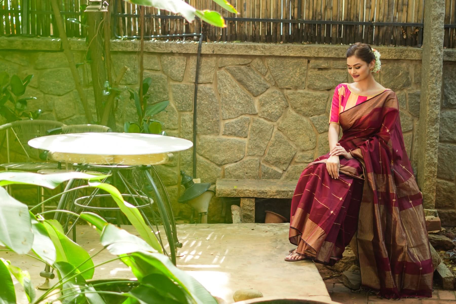 Maheshwari Silk Cotton Saree in Maroon with Stripes and Buttas | Shobitam