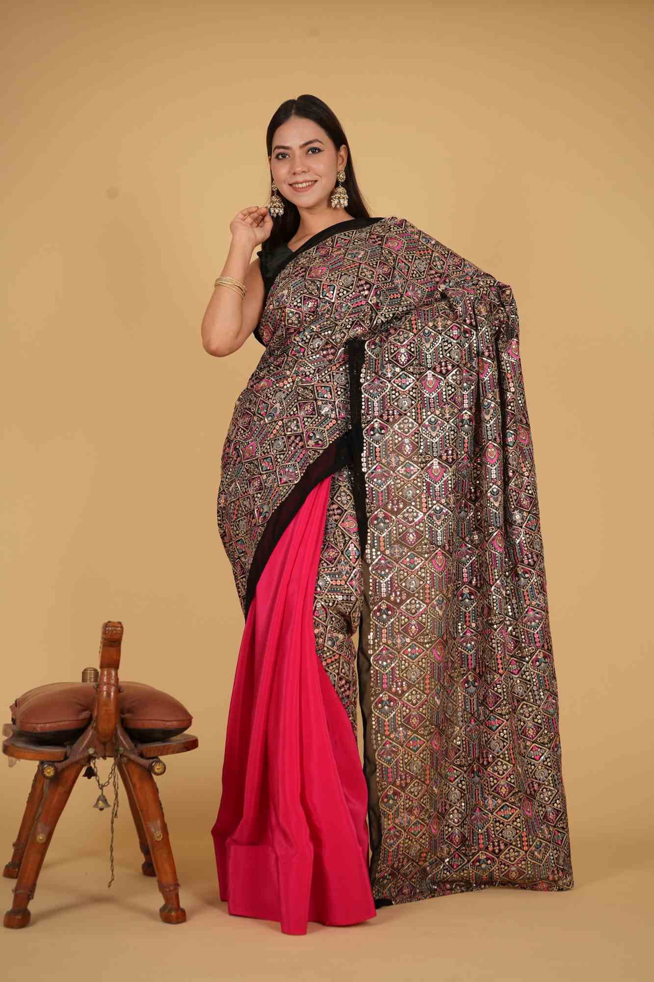 Half & Half contrast Designer Pallu with Zari Embroidered Work Wrap in one minute saree