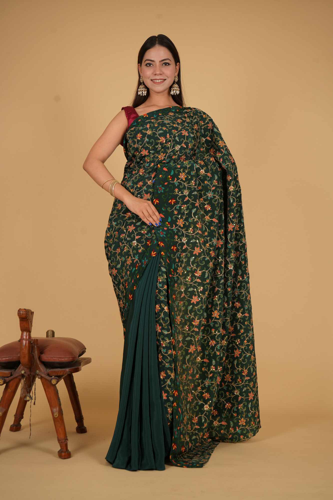 Multi floral Zari Jaal Embroidered pallu with designer half & half Wrap in one minute saree