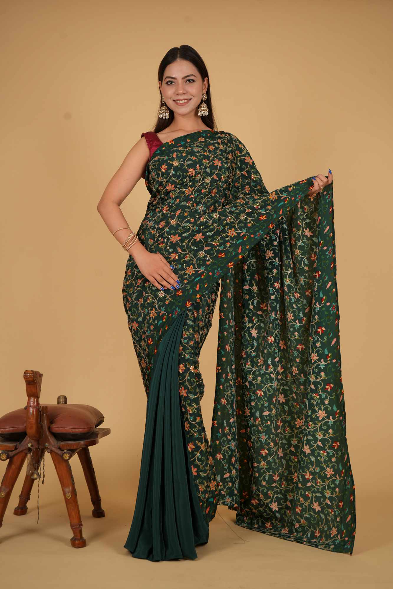 Multi floral Zari Jaal Embroidered pallu with designer half & half Wrap in one minute saree