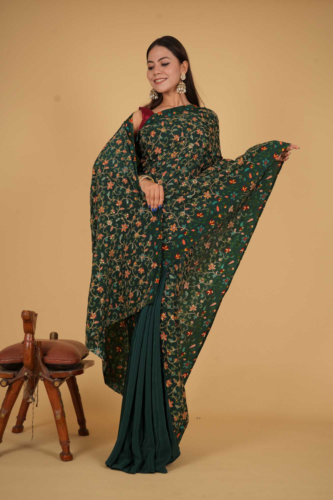 Multi floral Zari Jaal Embroidered pallu with designer half & half Wrap in one minute saree