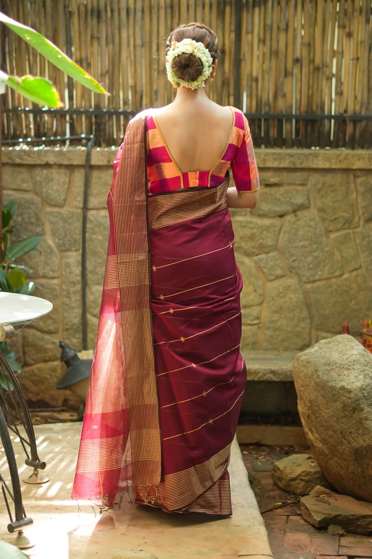 Maheshwari Silk Cotton Saree in Maroon with Stripes and Buttas | Shobitam