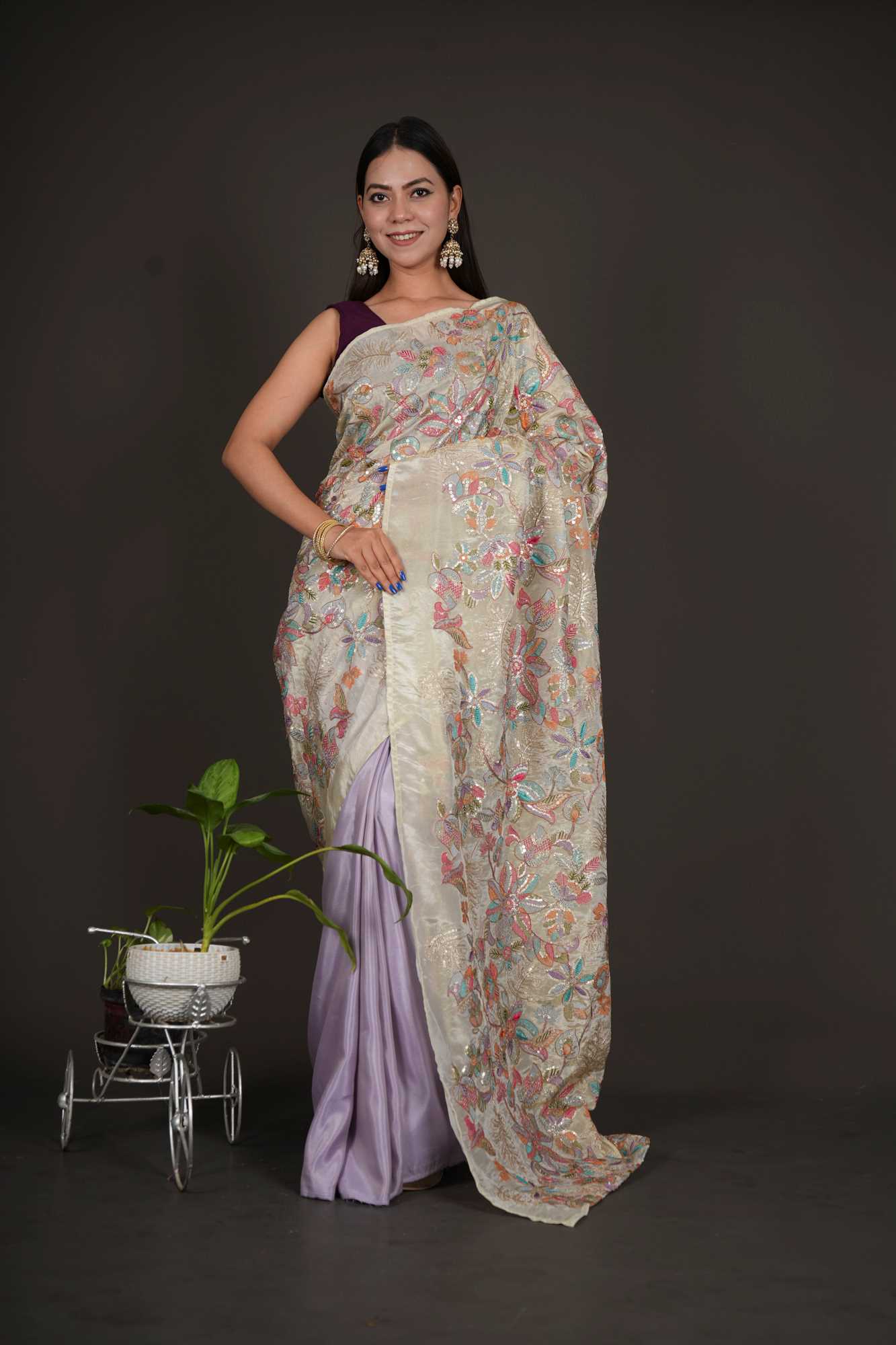 Multi Color Zari Embroidered Work with half & half Designer Pallu Wrap in one minute saree